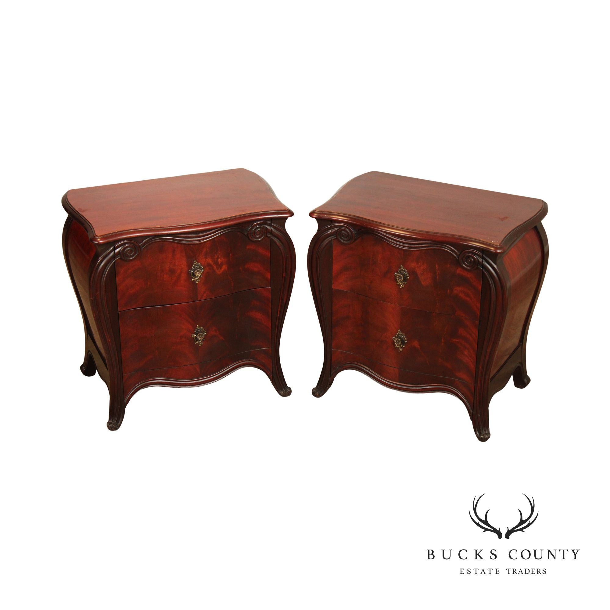 1940's French Style Pair of Mahogany Bombe Chest Nightstands