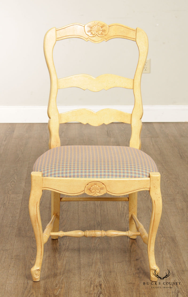 French Provincial Style Set of Four Distress Painted Ladderback Dining Chairs