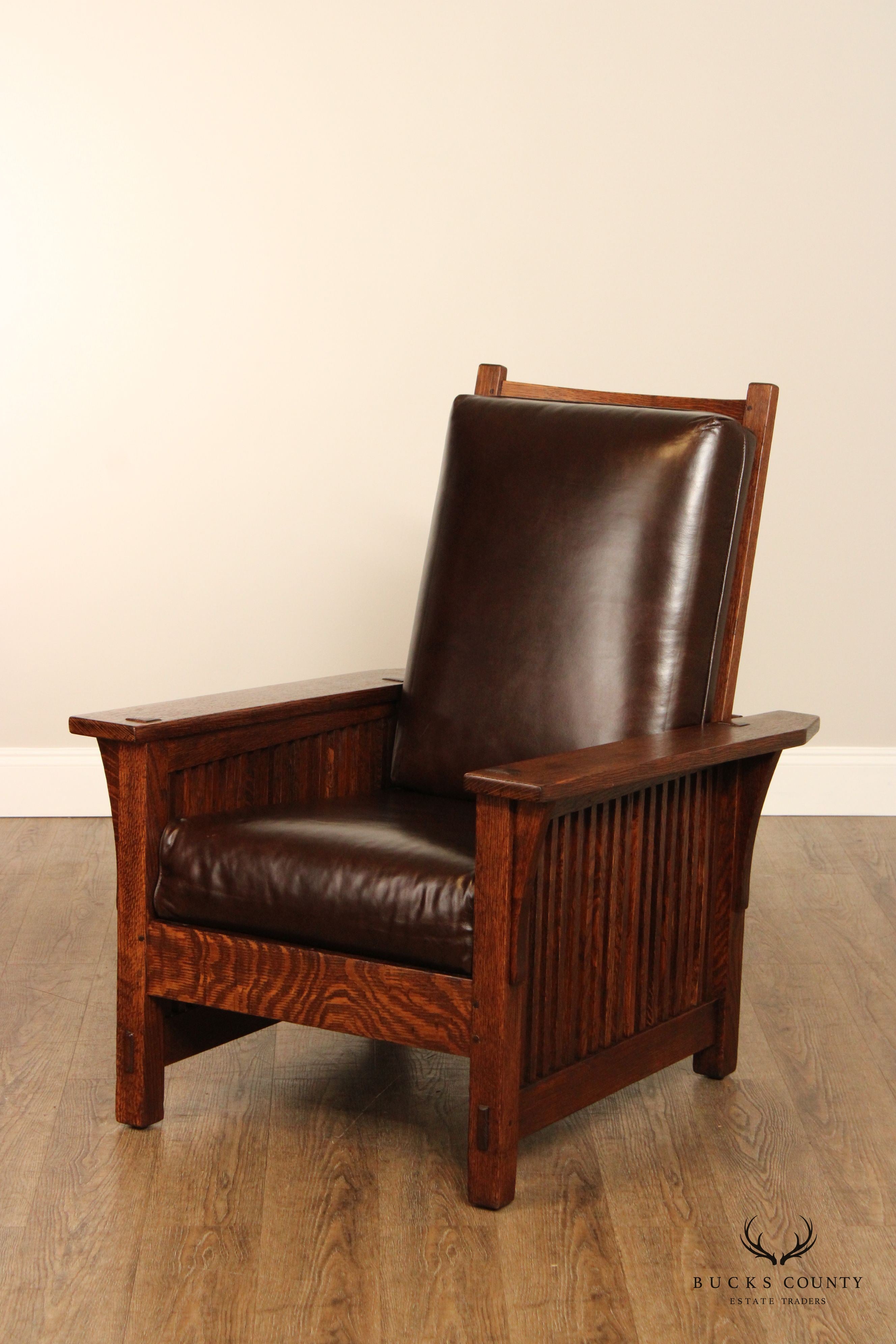 Gustav Stickley Antique Mission Oak and Leather Morris Chair