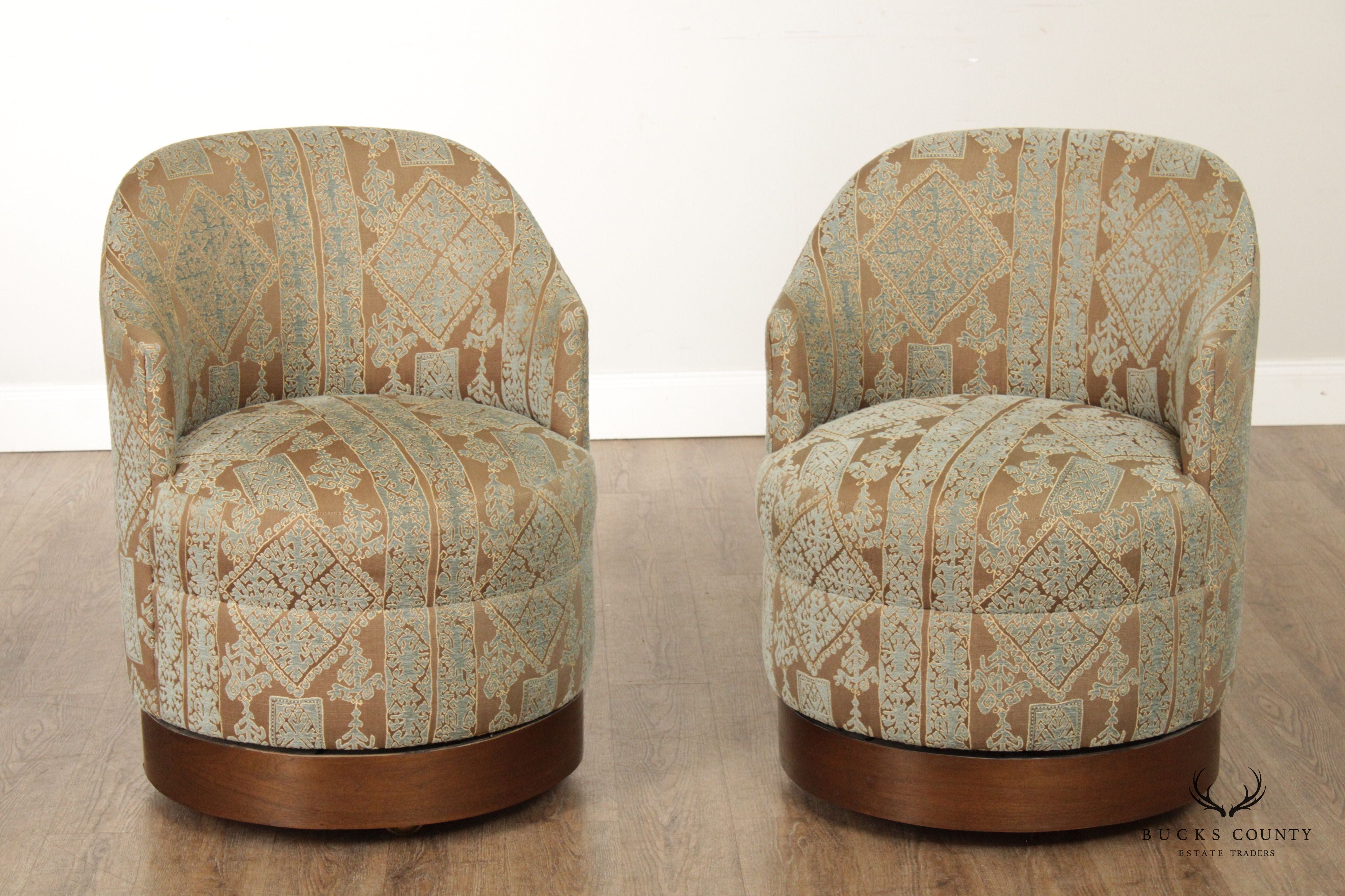 Contemporary Pair Custom Upholstered Swivel Club Chairs