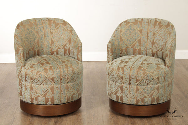 Contemporary Pair Custom Upholstered Swivel Club Chairs