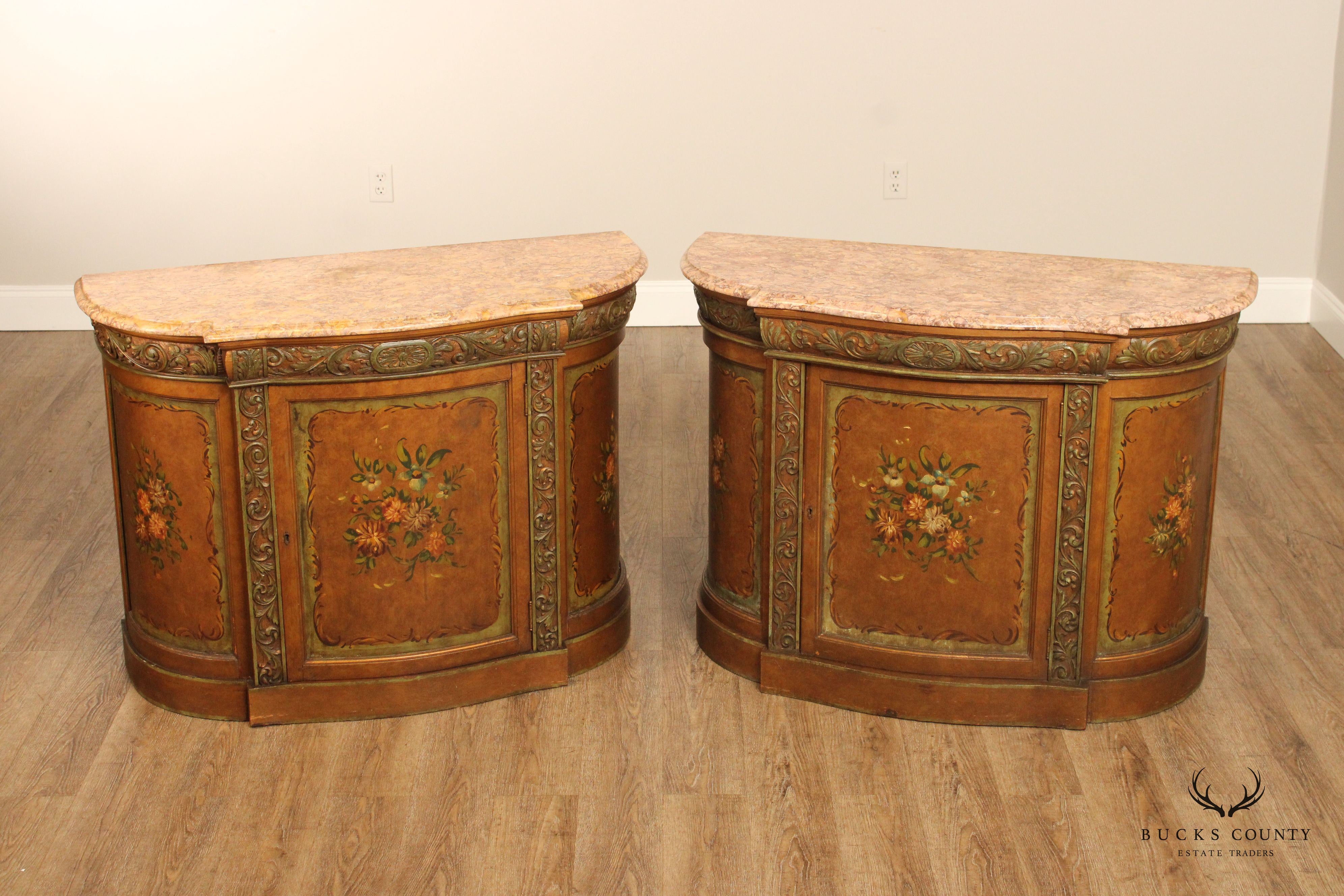 Antique Renaissance Revival Pair of Hand Painted Marble Top Demilune Cabinets