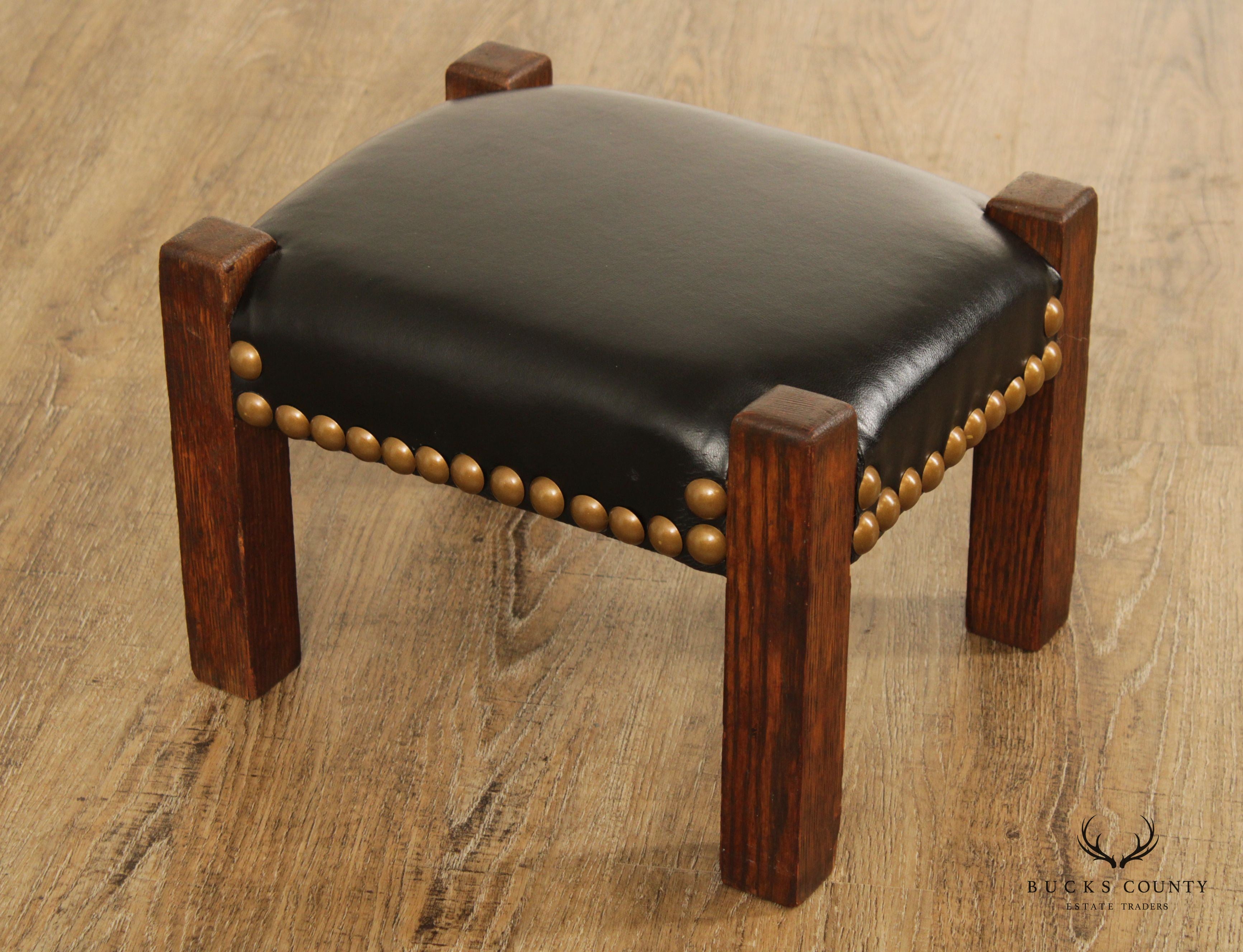 Mission Style Antique Oak and Leather Foot Stool