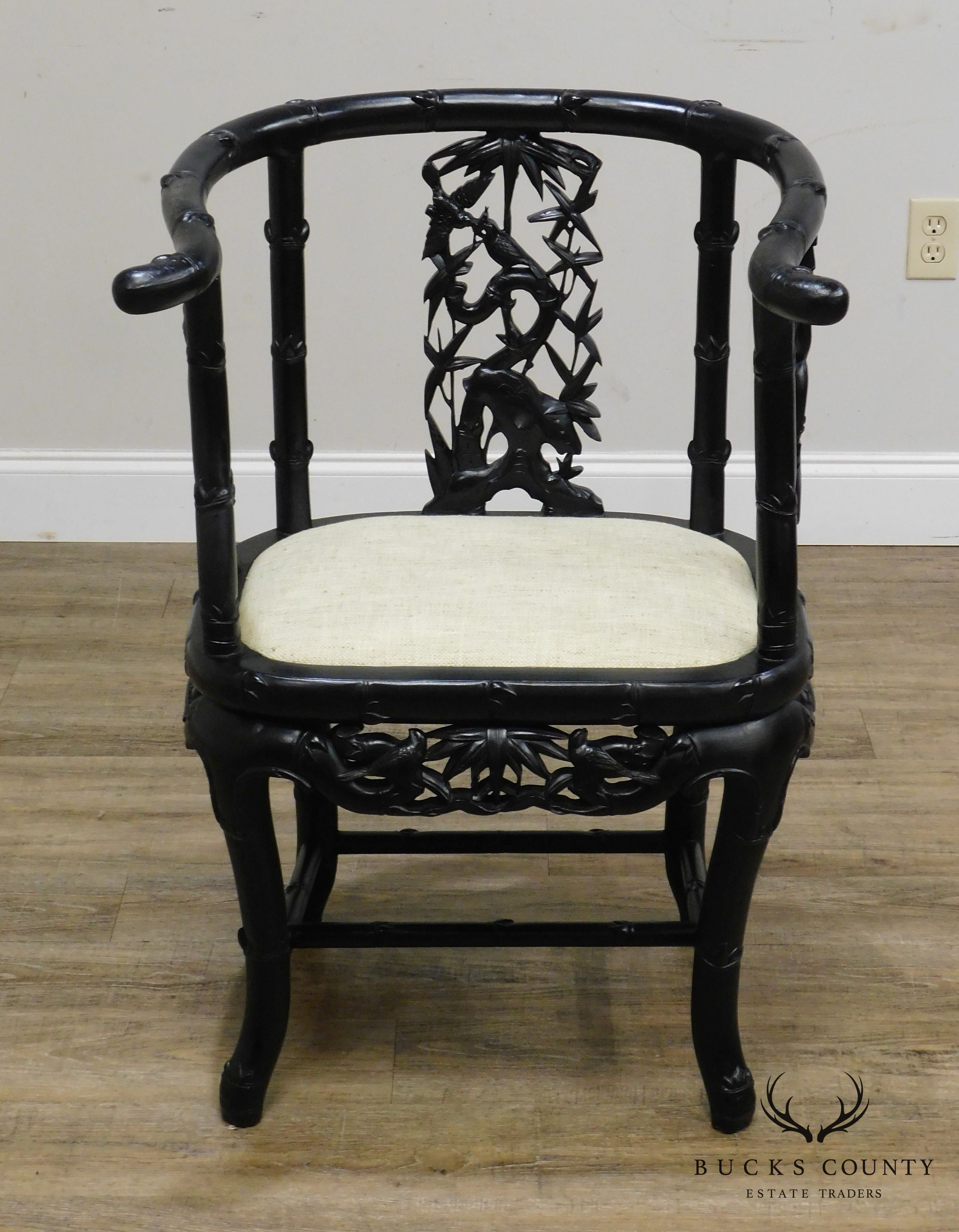 Antique Carved Chinese Hardwood Black Lacquered Armchair