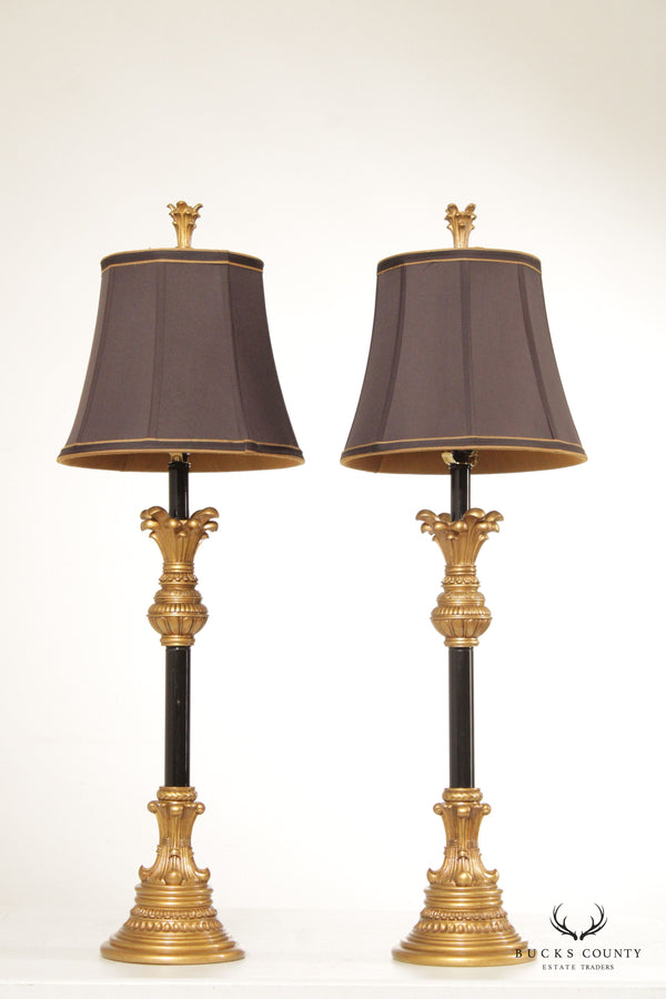 Regency Style Pair Black and Gilt Candlestick Lamps with Shades