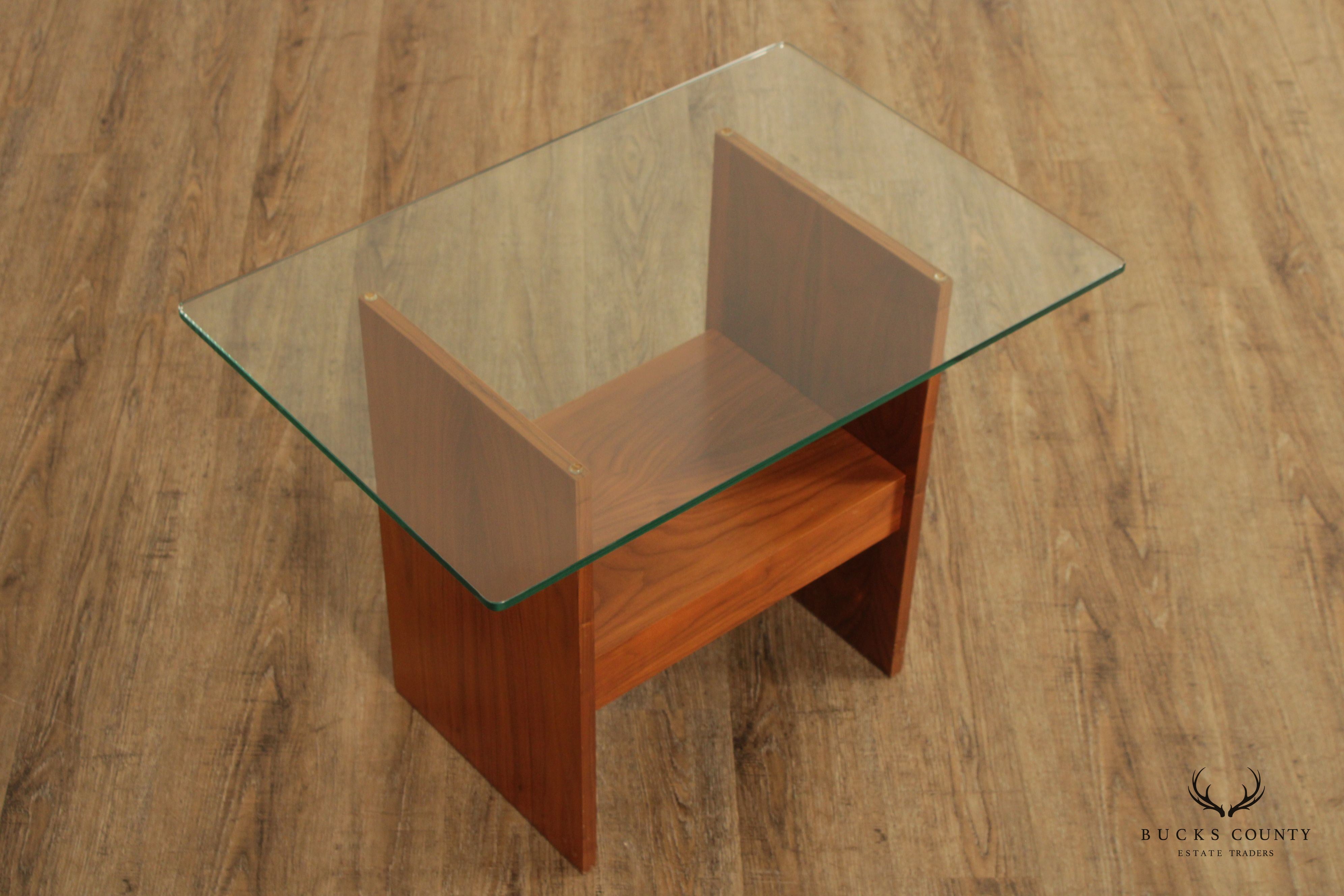 Mid Century Modern Walnut Glass Top Side Table