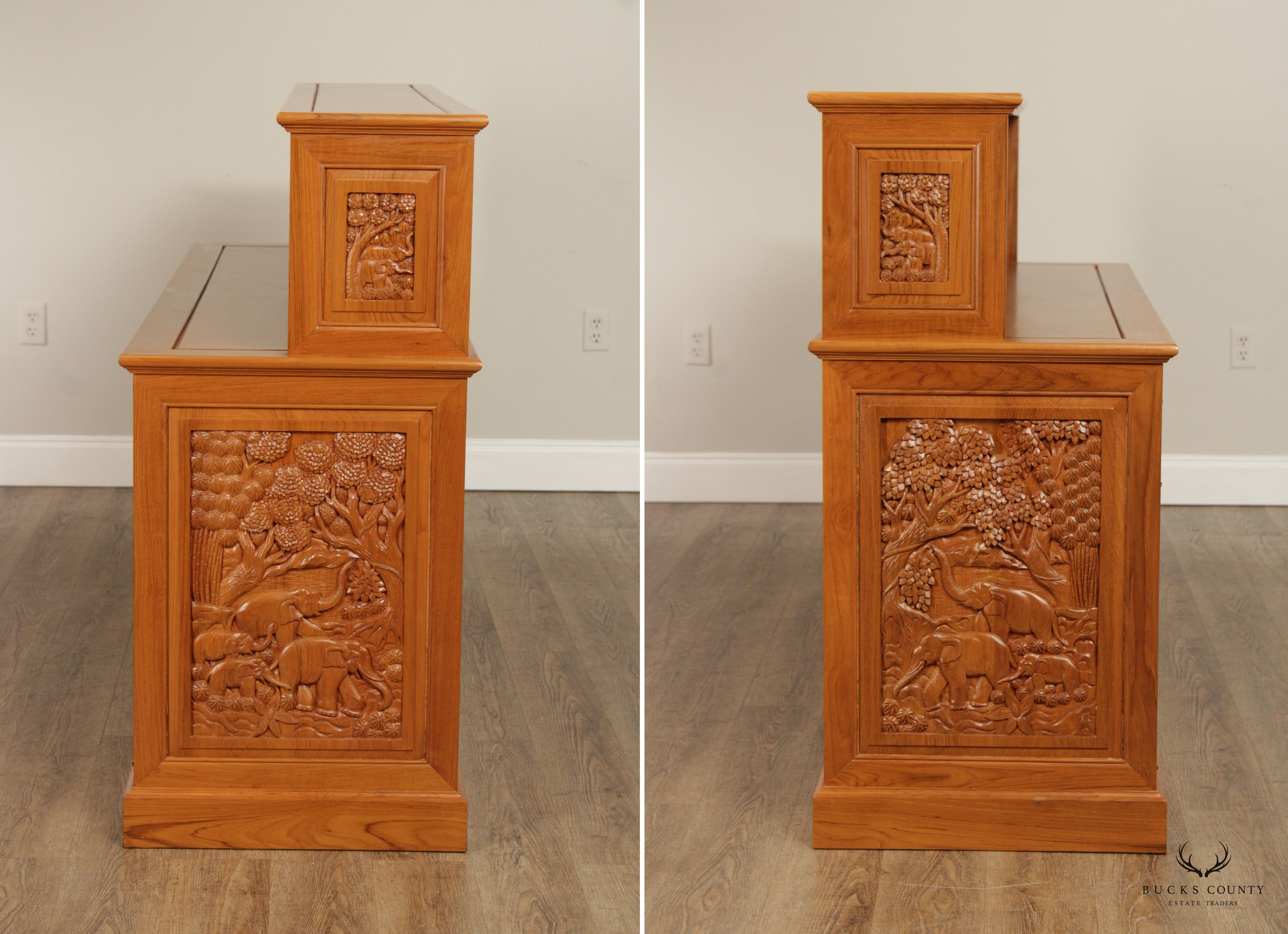 Hand Carved Solid Teak Bar and Pair of Bar Stools