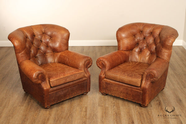 Quality Pair of Tufted Brown Leather Lounge Chairs