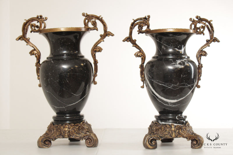 Maitland Smith Pair of Bronze Mounted Black Marble 'Gracie' Vases
