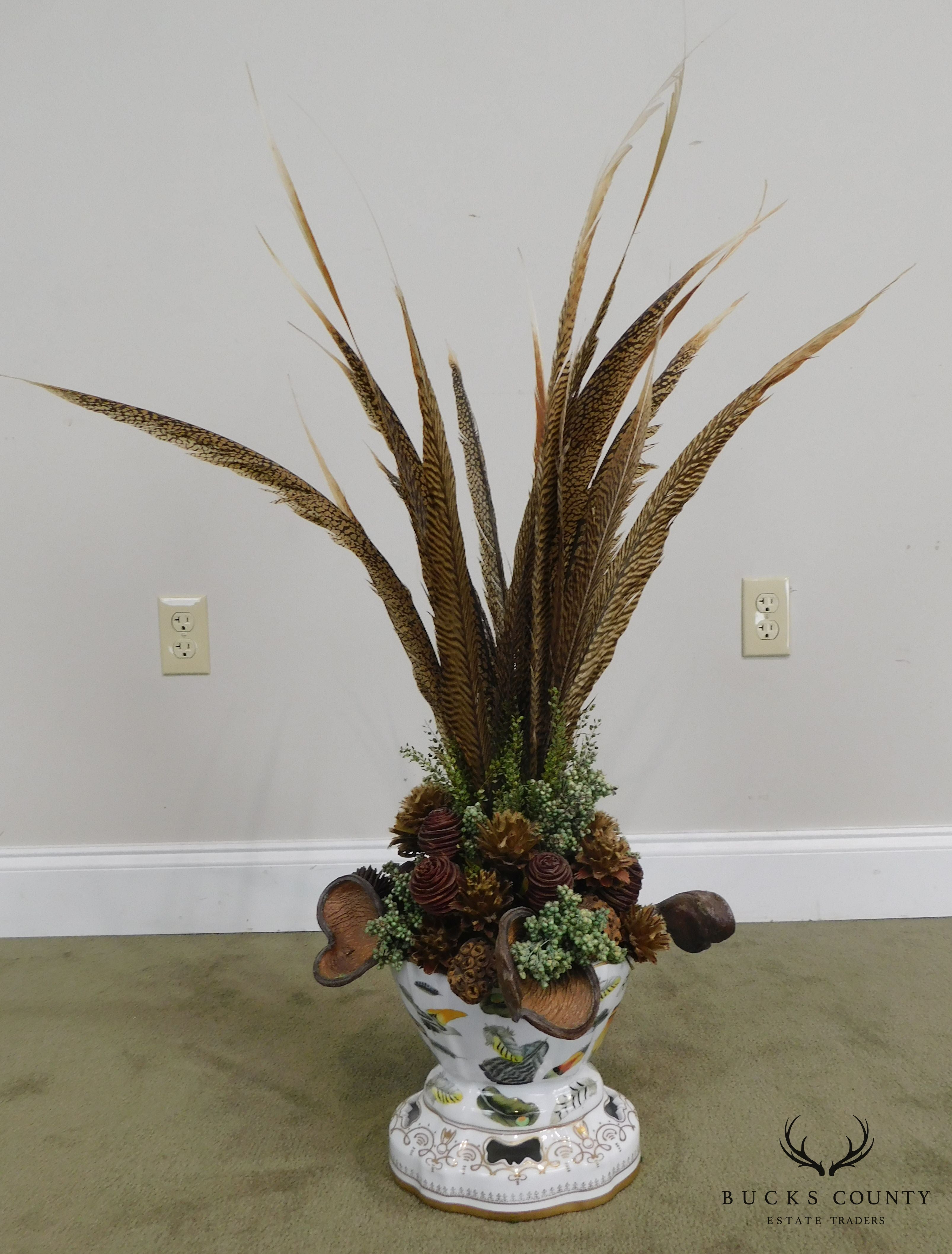 Chelsea House Porcelain Bowl Vase on Base with Feathers