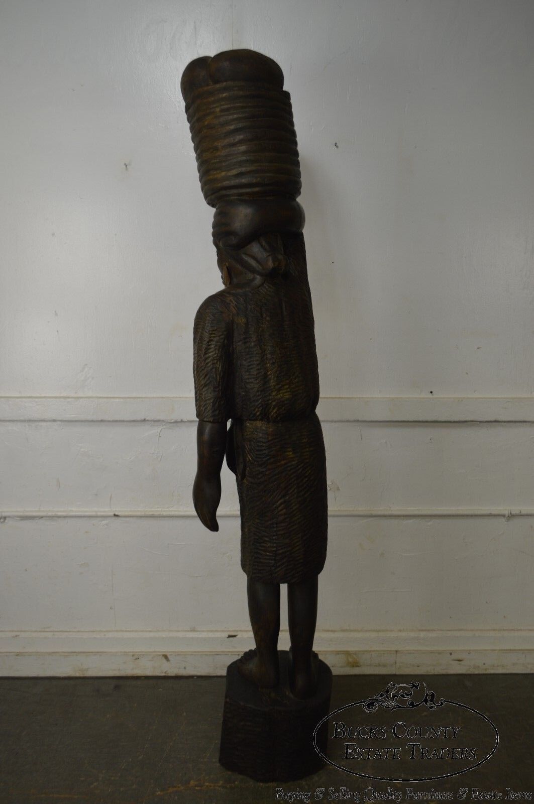 Haitian Vintage Hand Carved Wooden Folk Art Statue Woman Holding Basket on Head