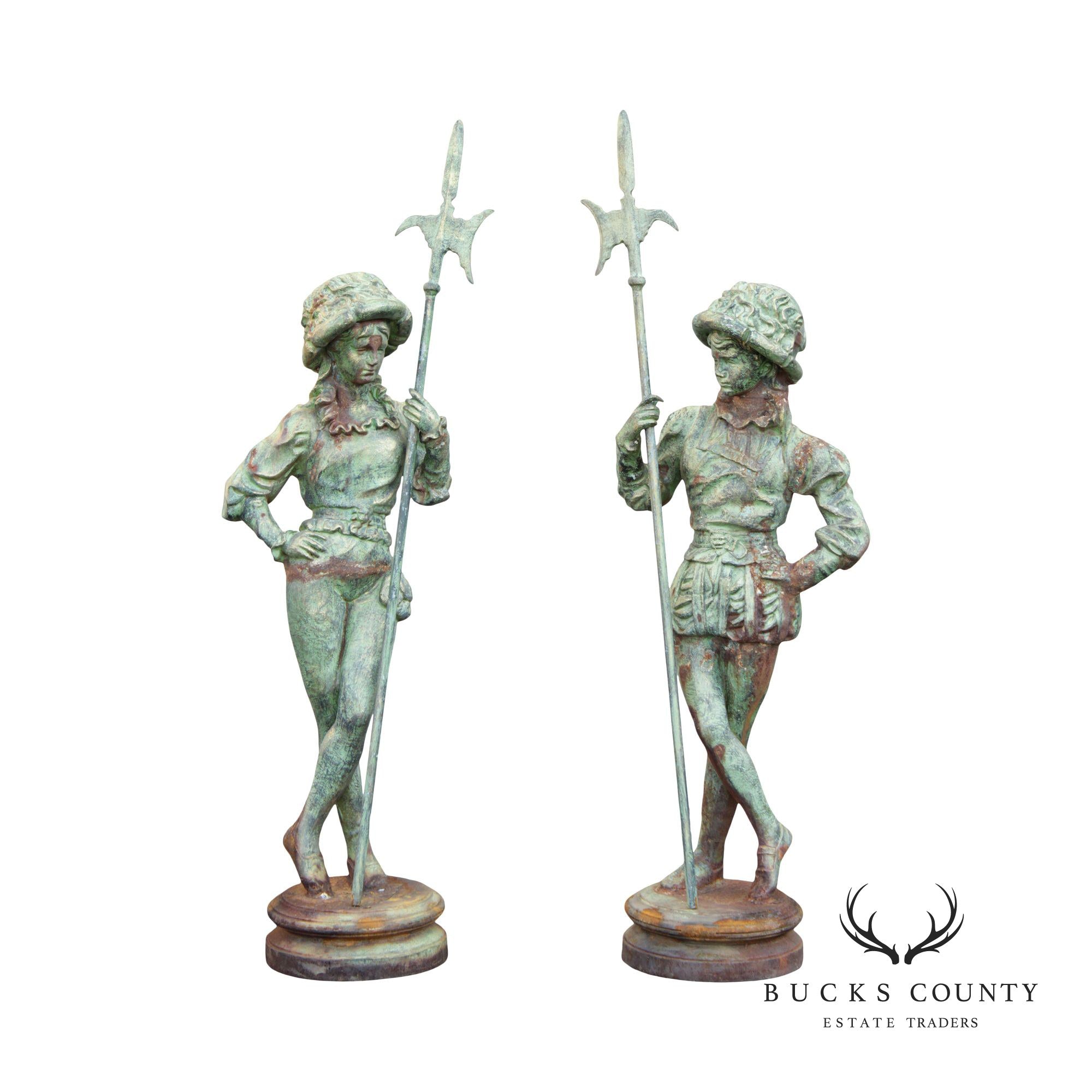 French Renaissance Style Pair Verdigris Cast Iron Garden Statues