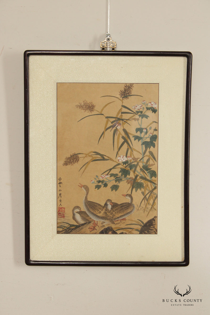 Antique Chinese Birds Scroll Painting, Custom Framed