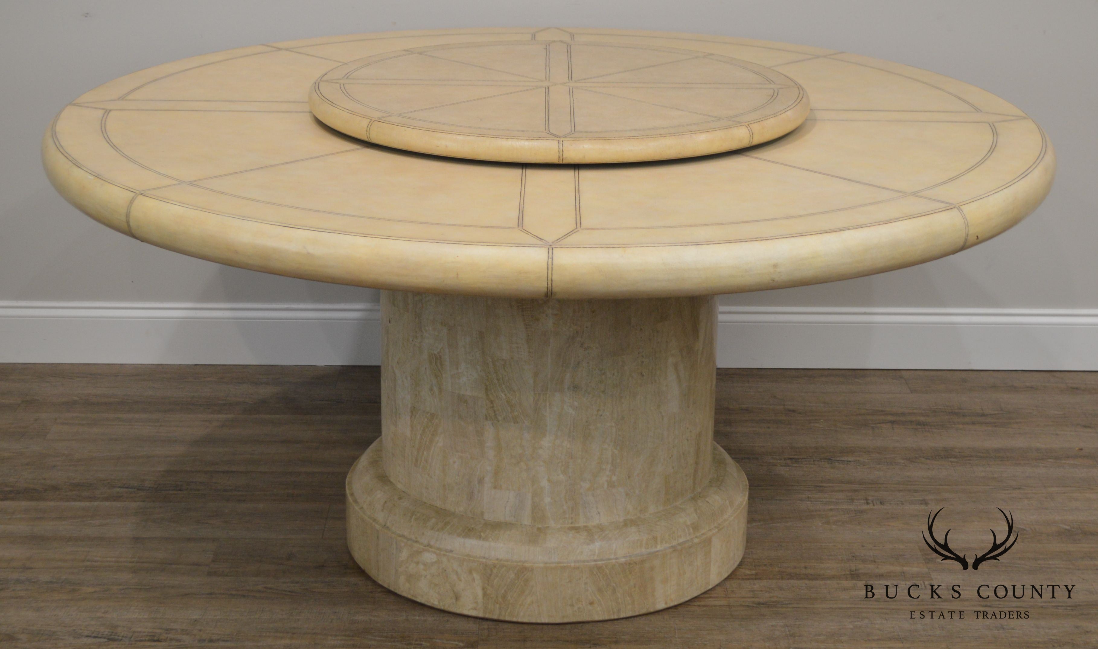 Maitland Smith Vintage 64" Round Leather Top Dining Table W/ Tesselated Stone Base