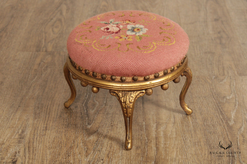 Victorian Style Needlework Gilt Painted Small Round Foot Stool