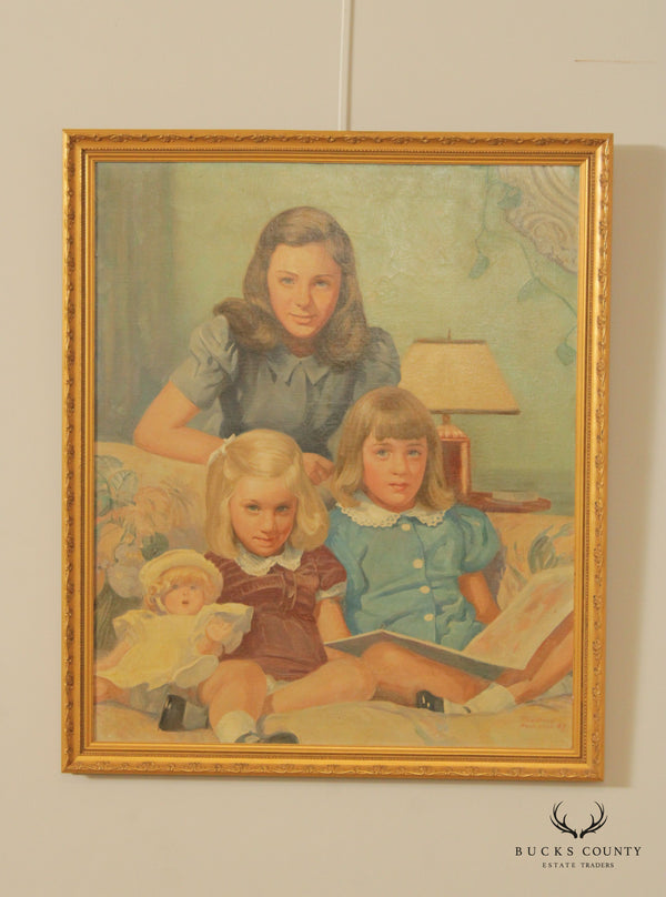 American 1940s Family Portrait Original Oil Painting, by Frederic Anderson