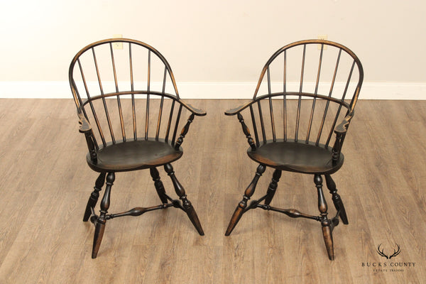 Early American Style Pair Black Painted Windsor Armchairs