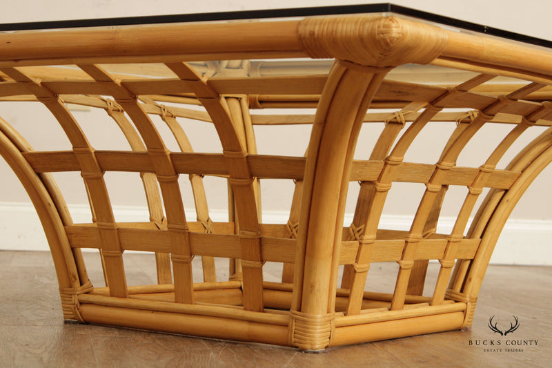 1970's Modern Rattan Glass Top Square Coffee Table