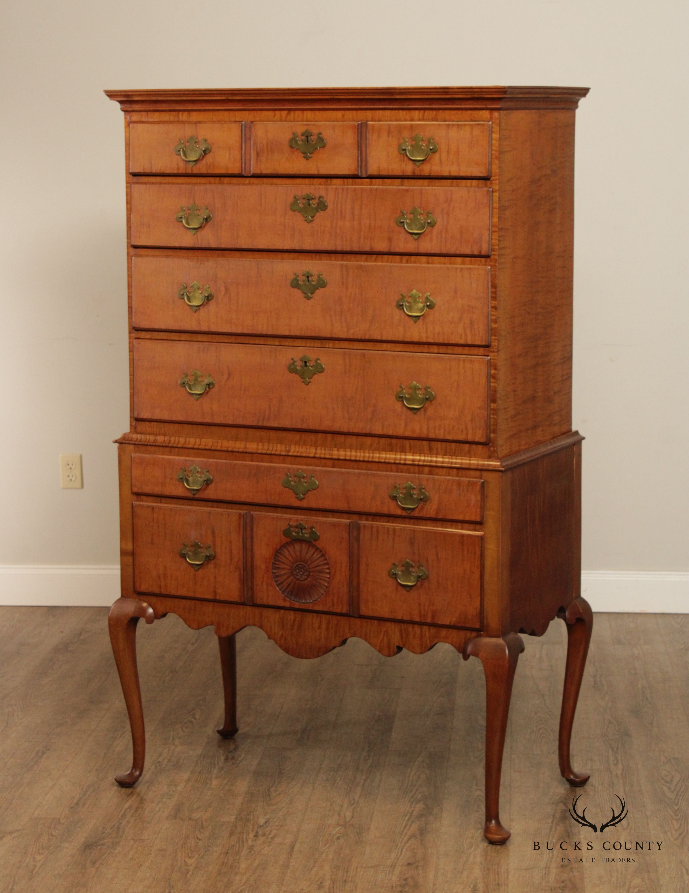 Antique New England Queen Anne Tiger Maple Highboy