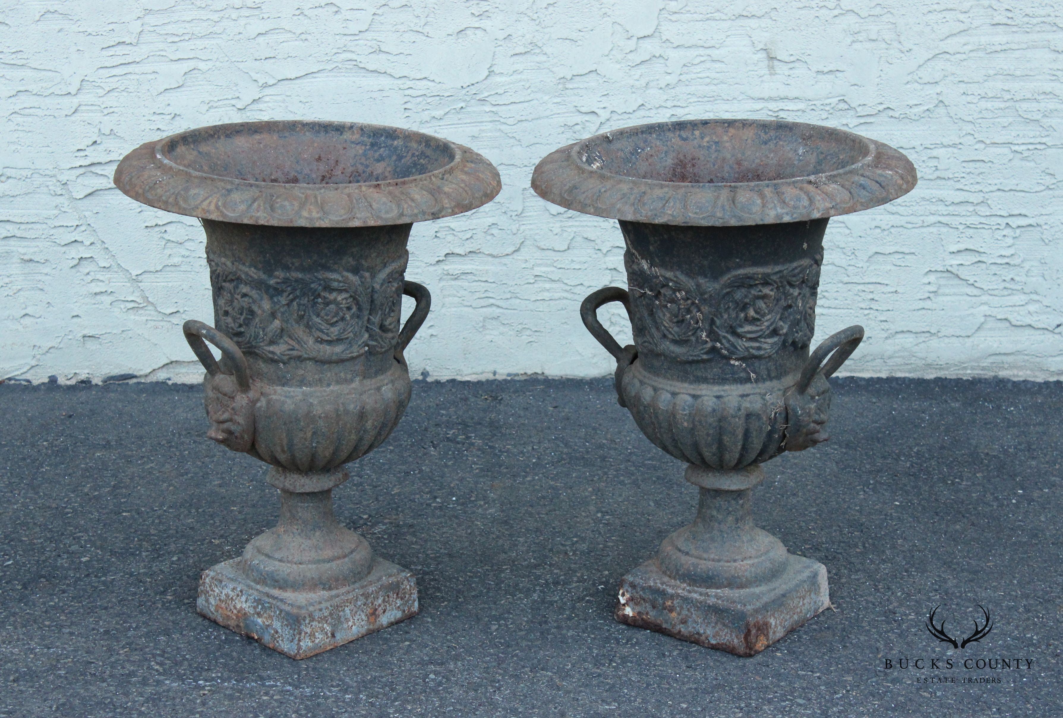 Classical Style Pair Cast Iron Garden Urns with Lion Masks