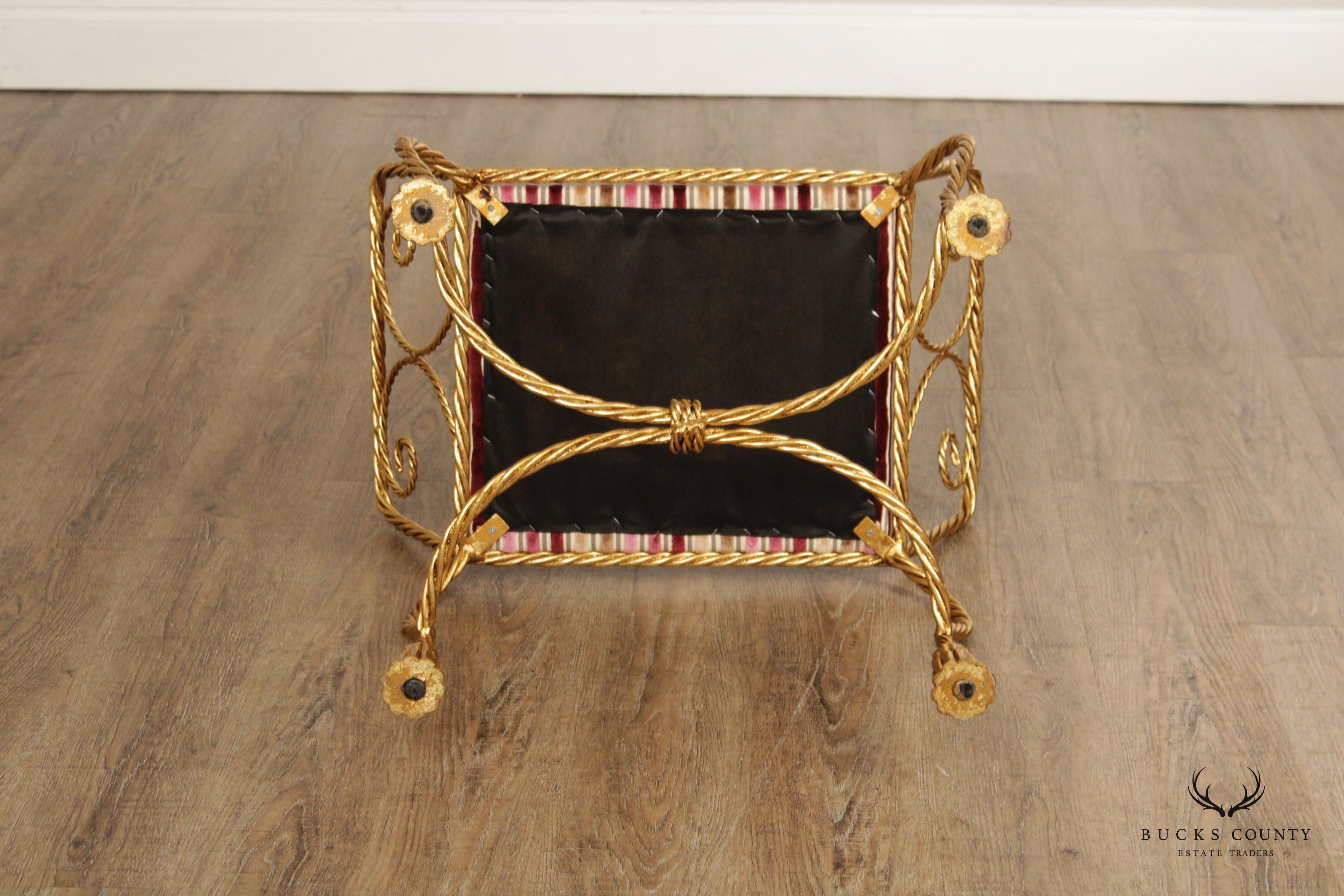 Italian Hollywood Regency Pair of Gilt Metal Rope Twist Benches