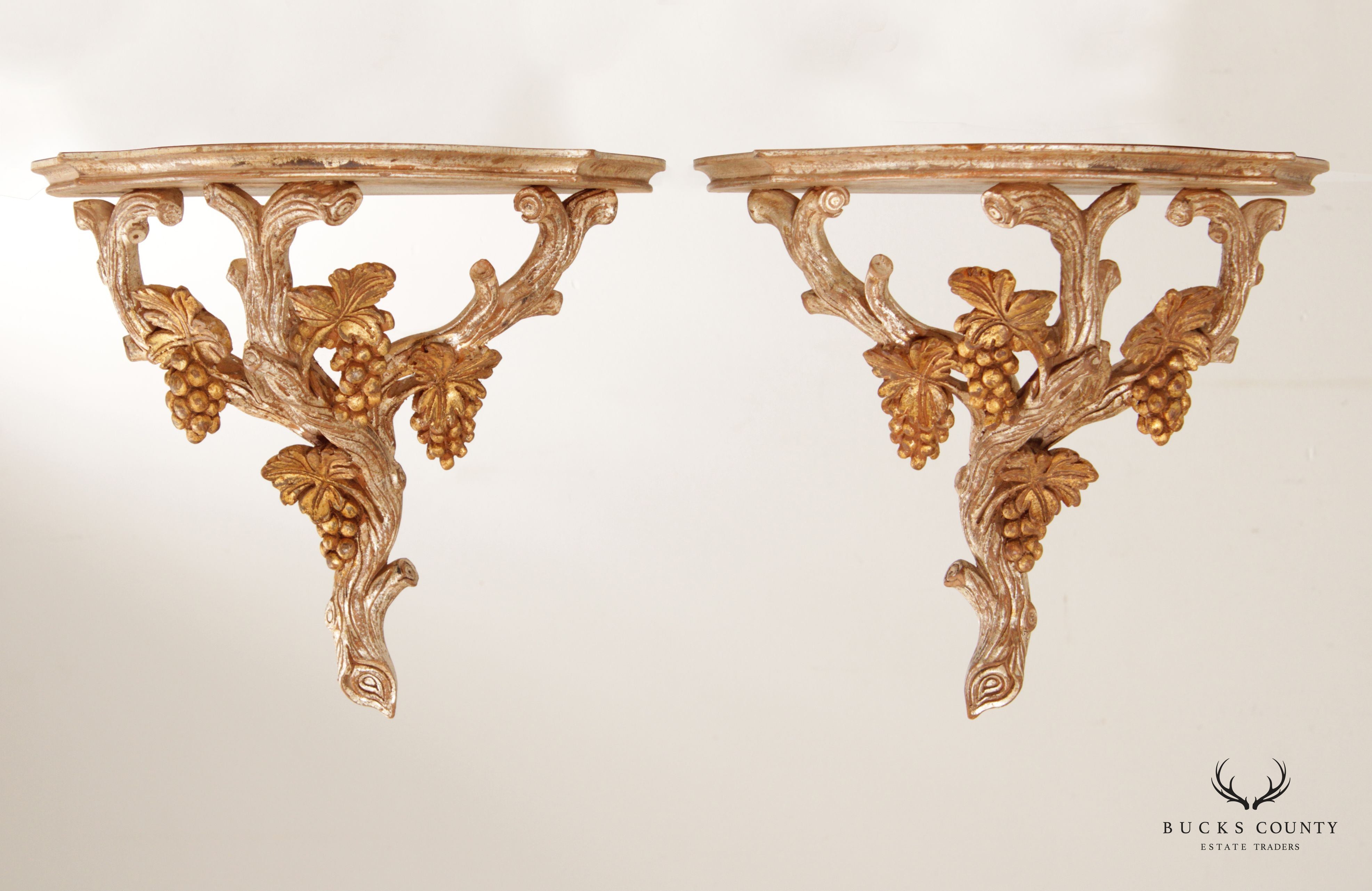 Italian Venetian Carved Wood Faux Bois Pair of Wall Shelves