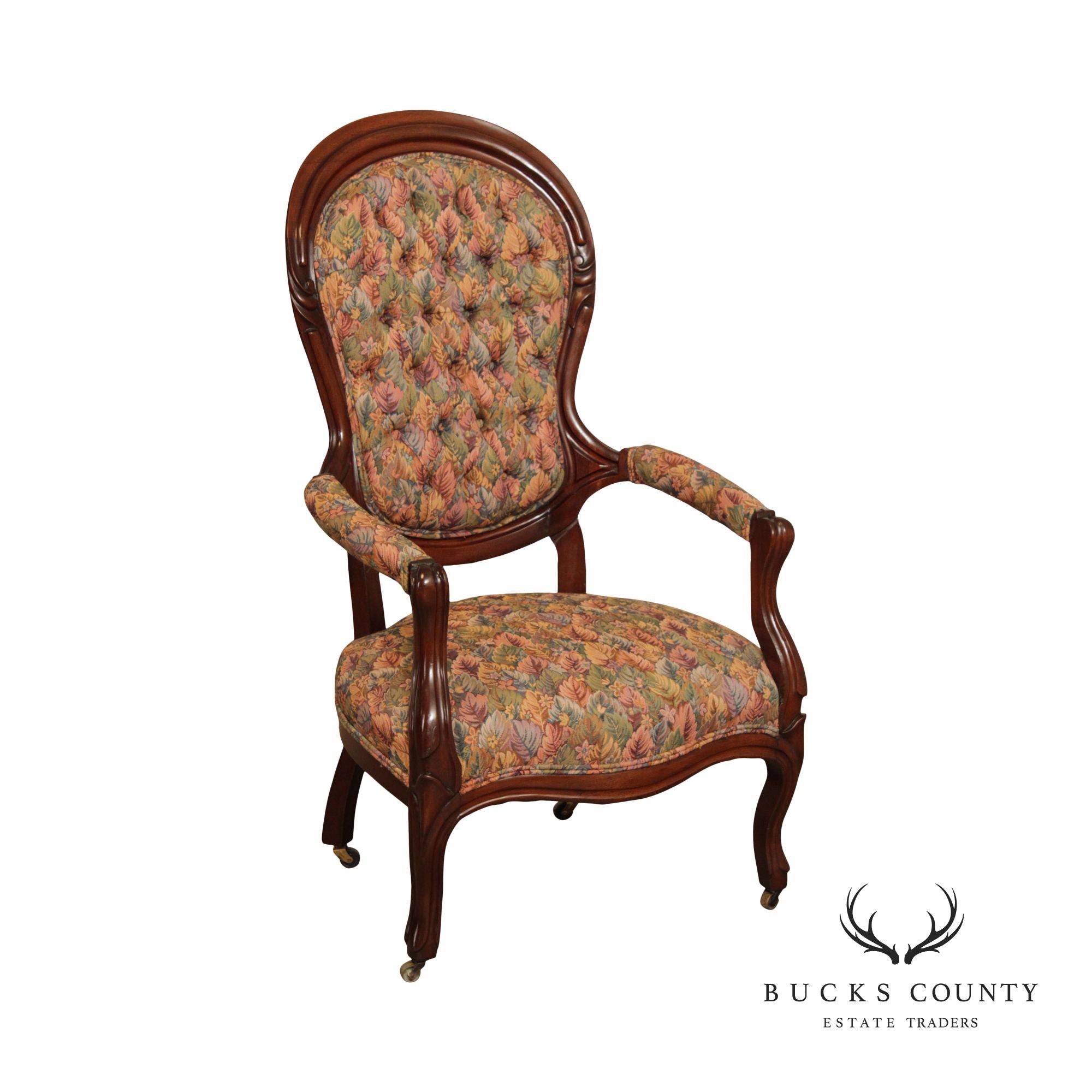 Antique Victorian Custom Upholstered Walnut Parlor Armchair