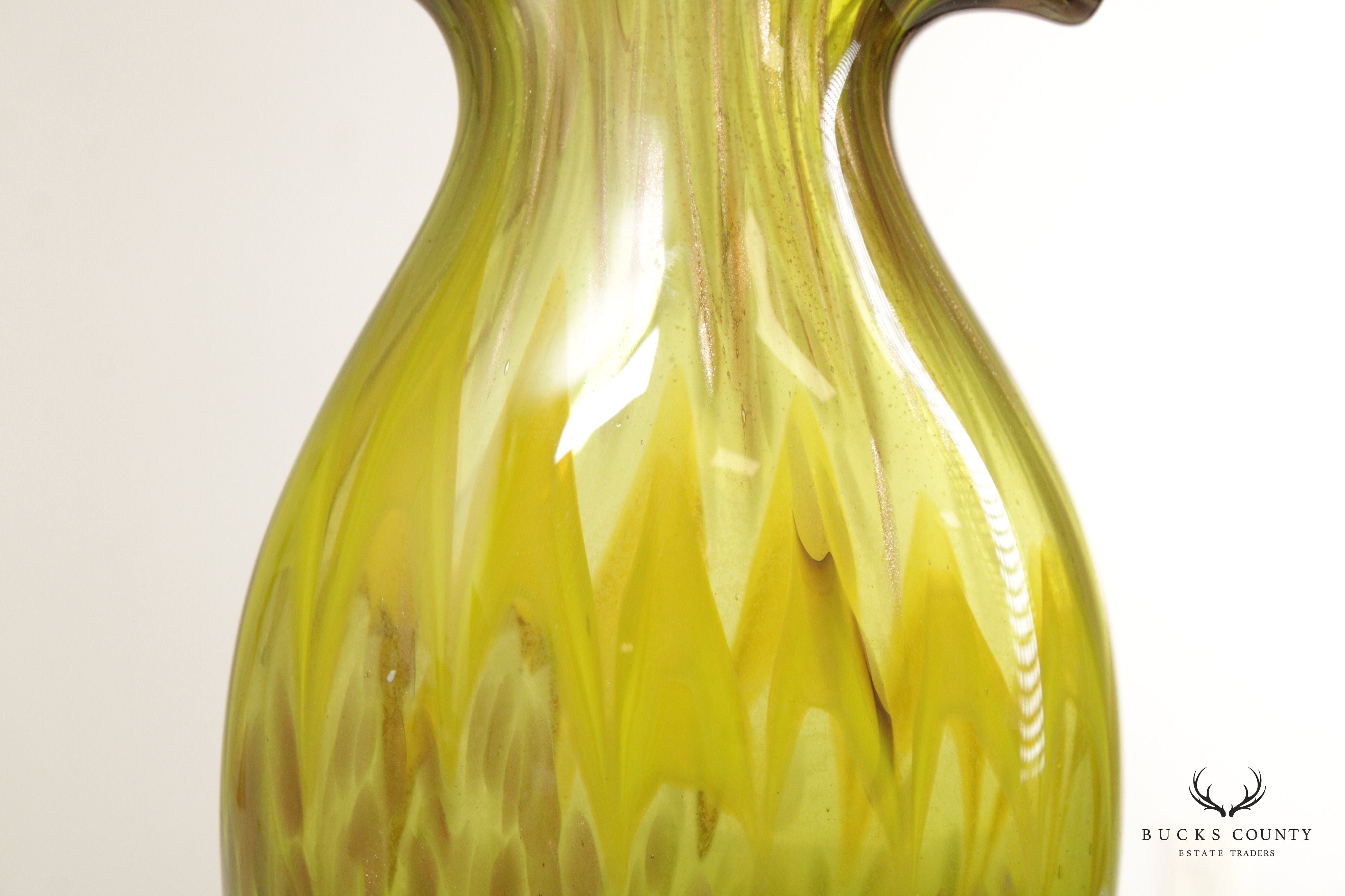 Mid Century Modern Hand Blown Green Art Glass Vase