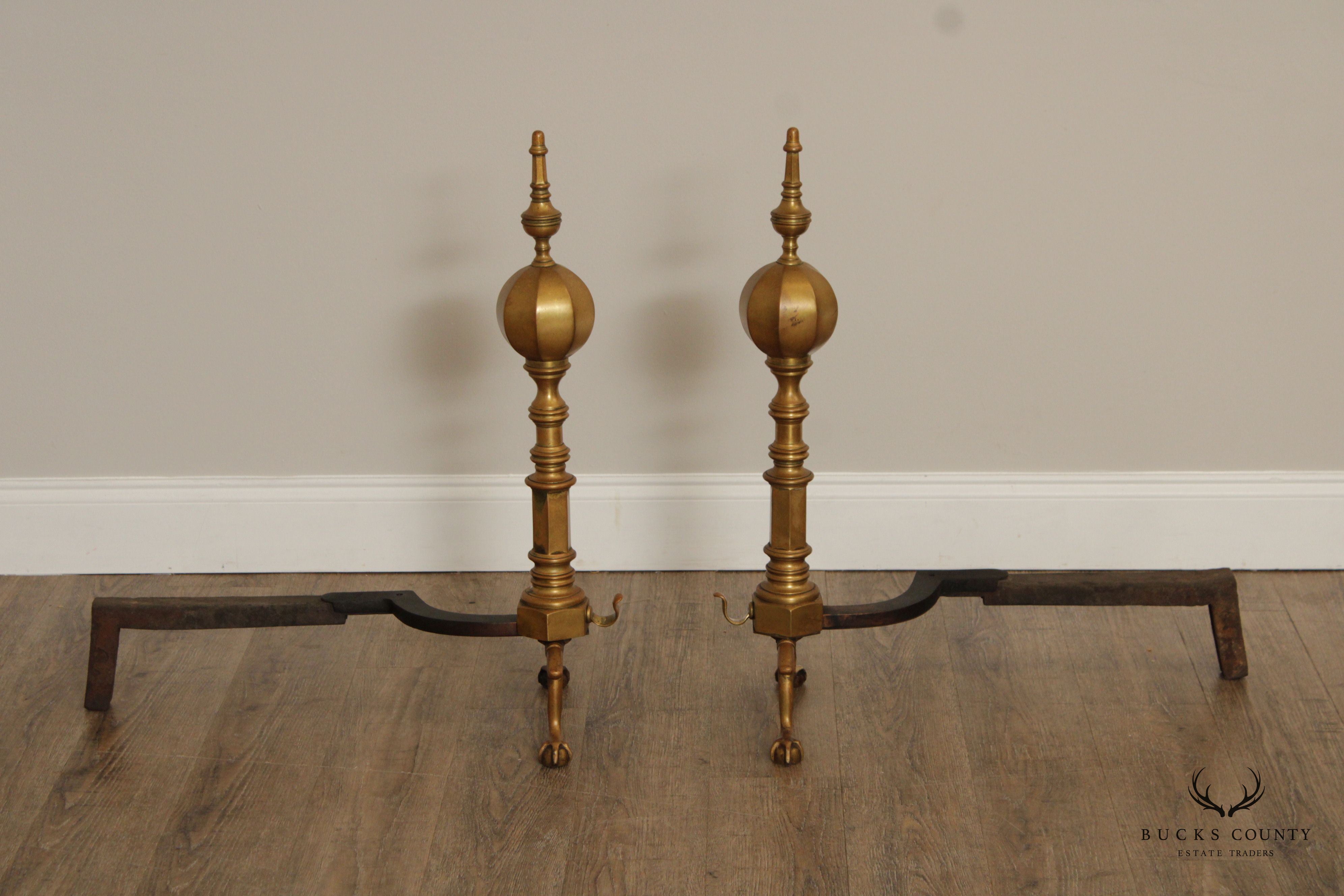 FEDERAL STYLE PAIR OF BRASS ANDIRONS AND POKER