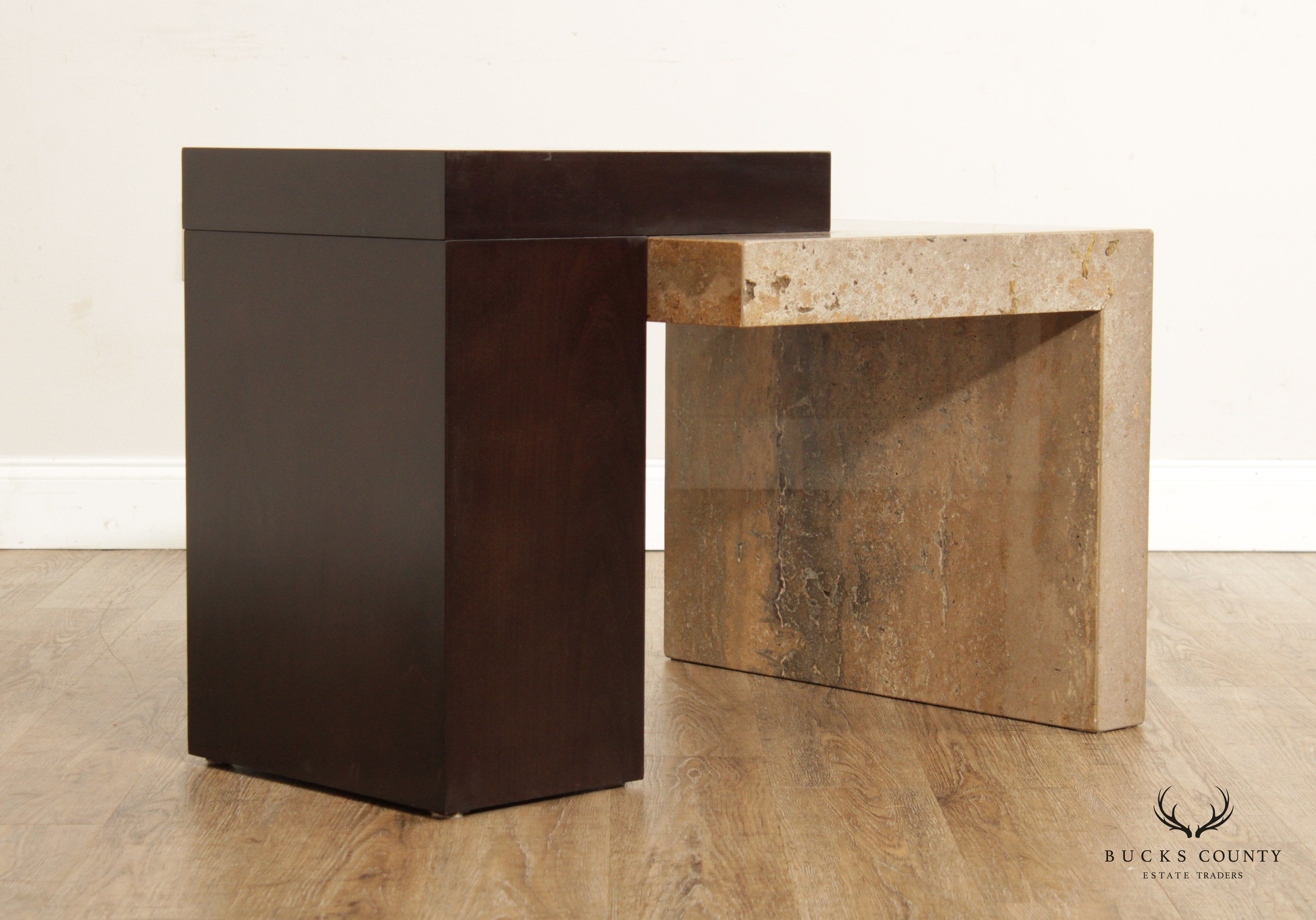 Italian Modern Travertine and Wenge Wood Side Table