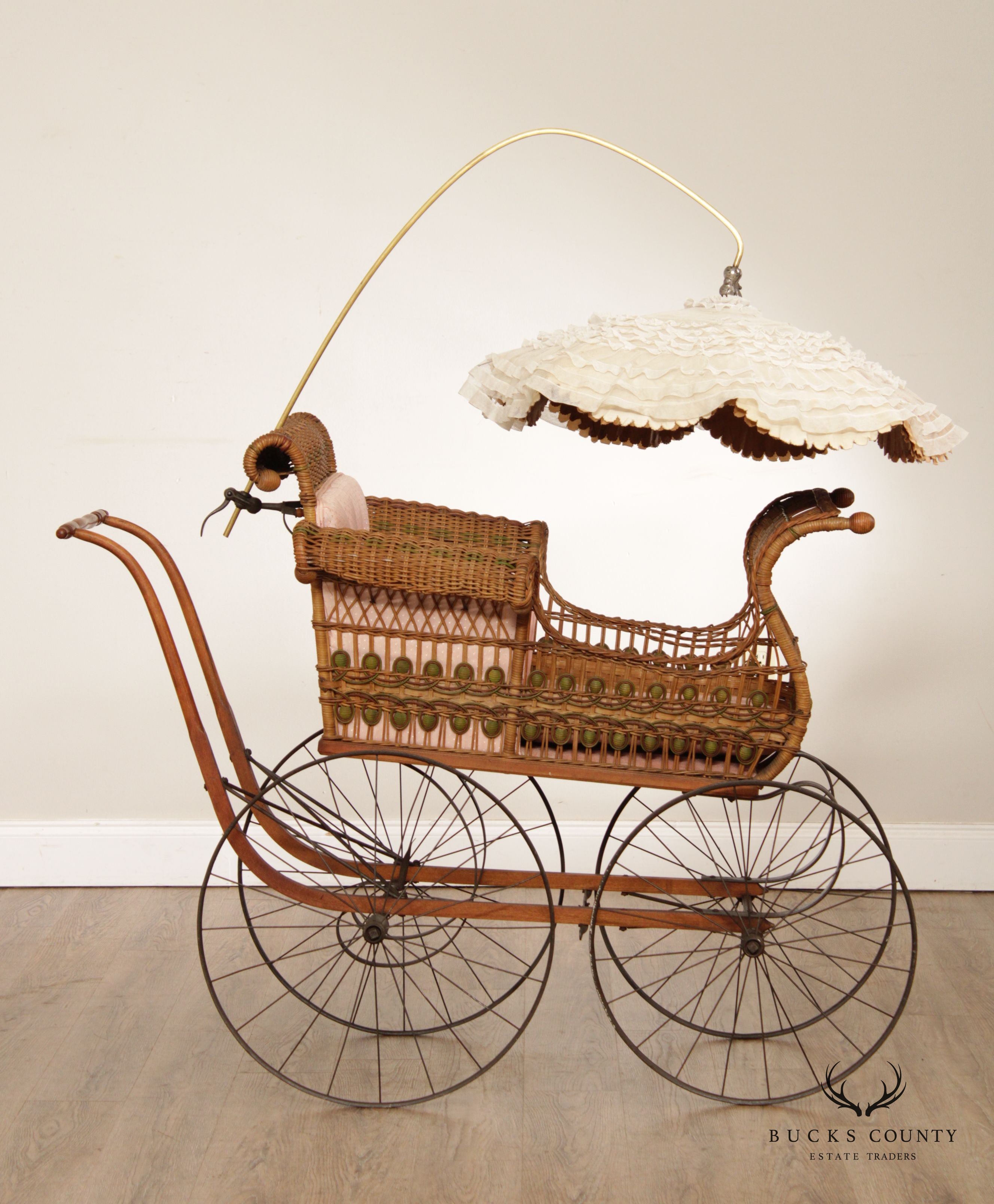 Antique Victorian Wicker Carriage Stroller with Umbrella