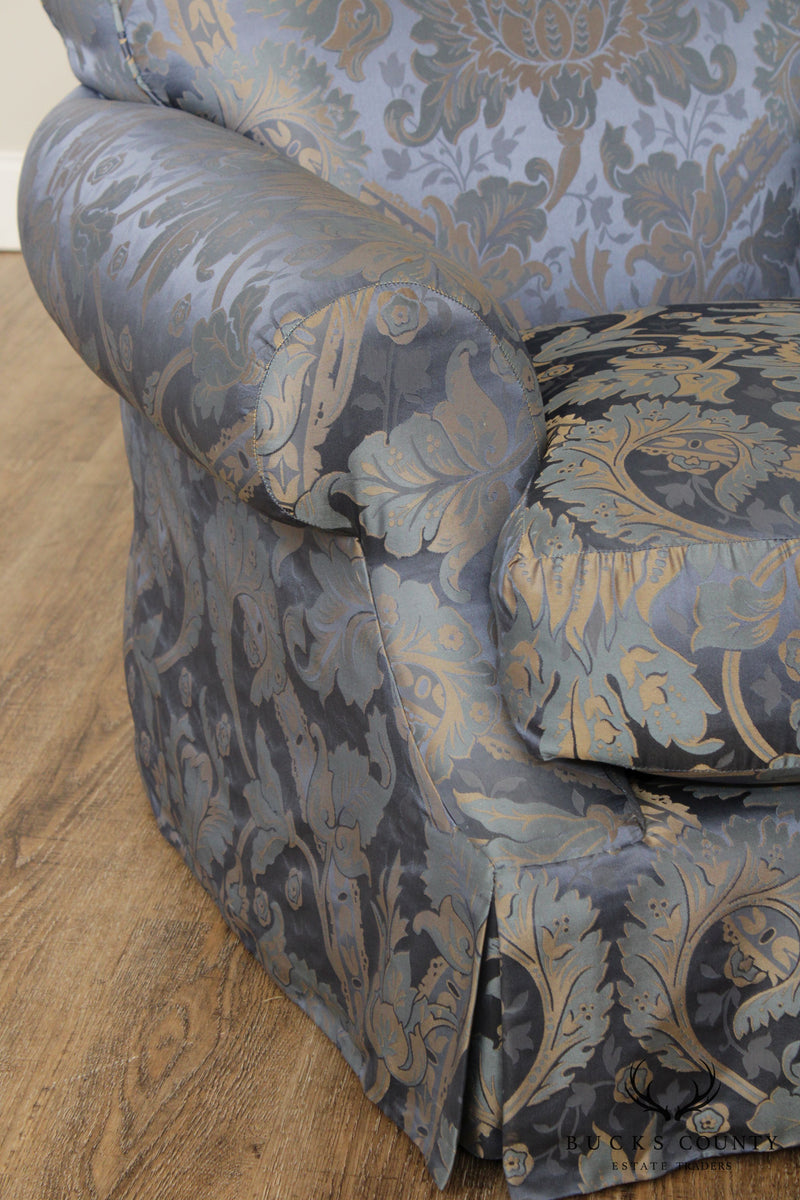 Custom Blue Damask Upholstered Living Room Chair