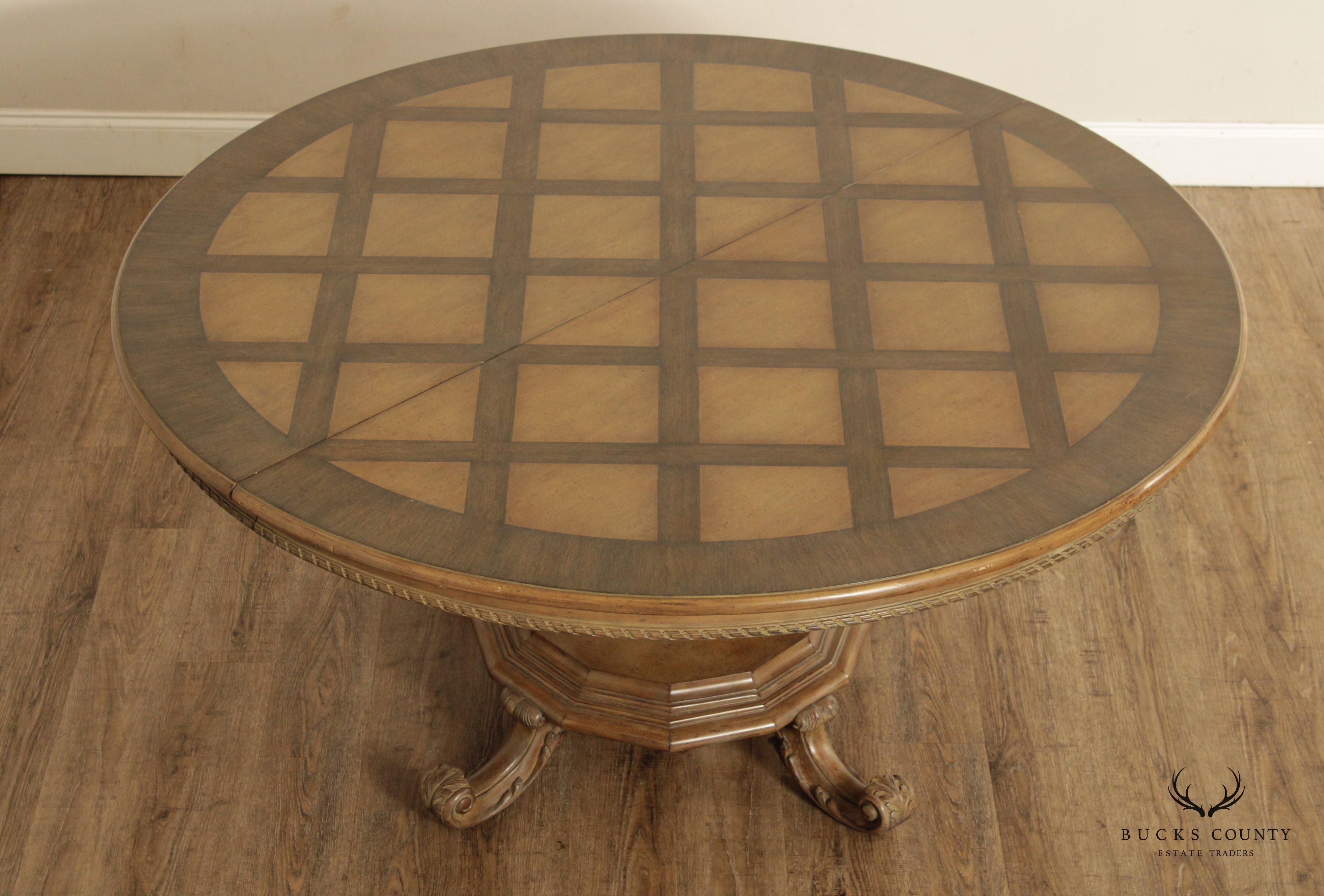 Rustic European Style Round Parquetry Top Pedestal Dining Table