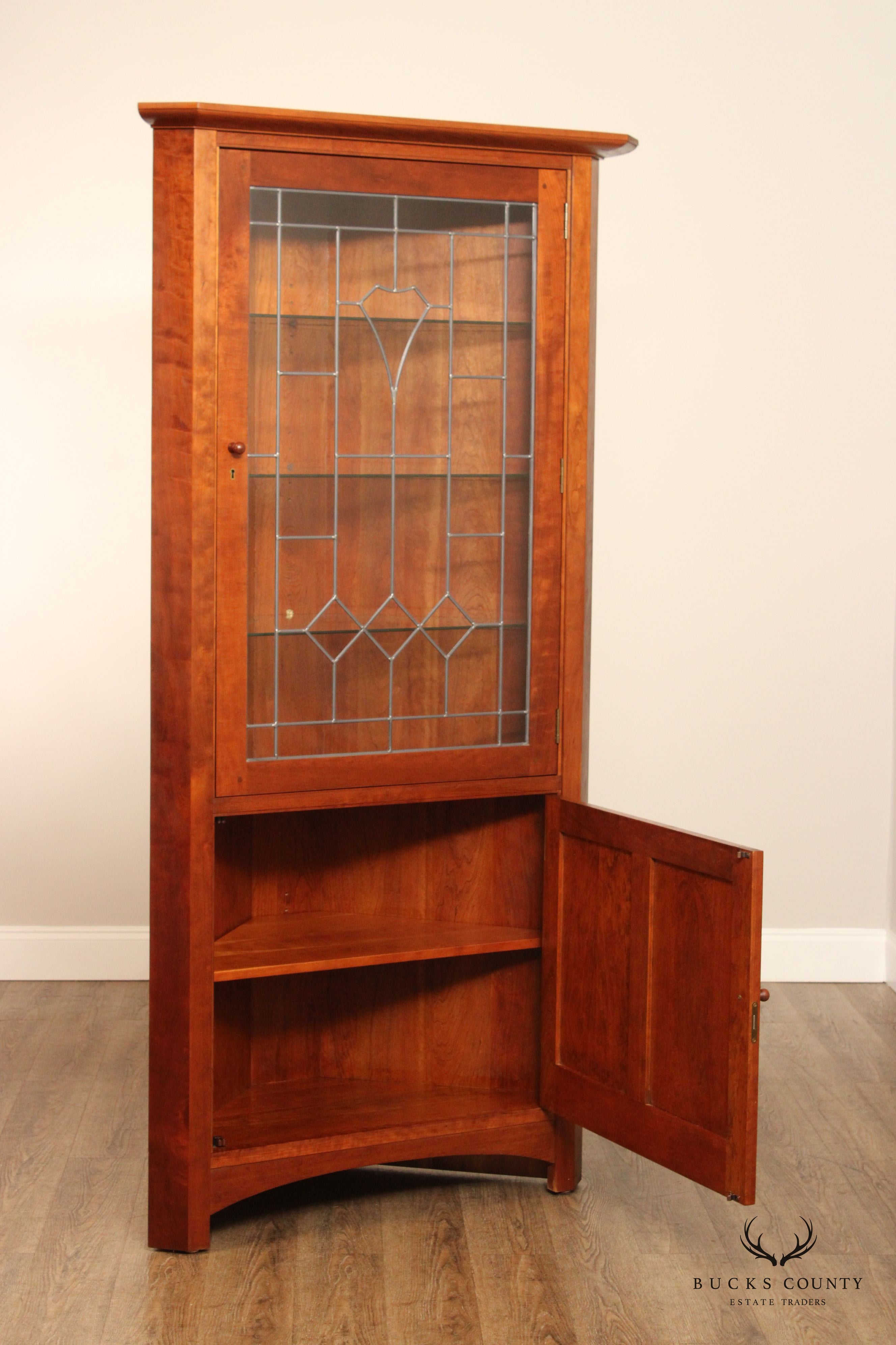 Stickley Mission Collection Pair of Cherry Corner Cabinets with Art Glass