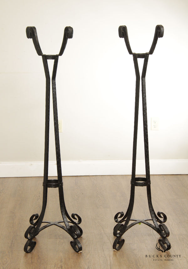 Arts & Crafts Style Hand Forged Wrought Iron Pair Plant Stands