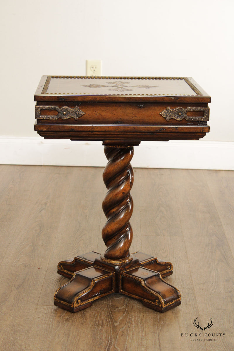 Marge Carson Jacobean Style Carved Wood and Tooled Leather Stand or End Table