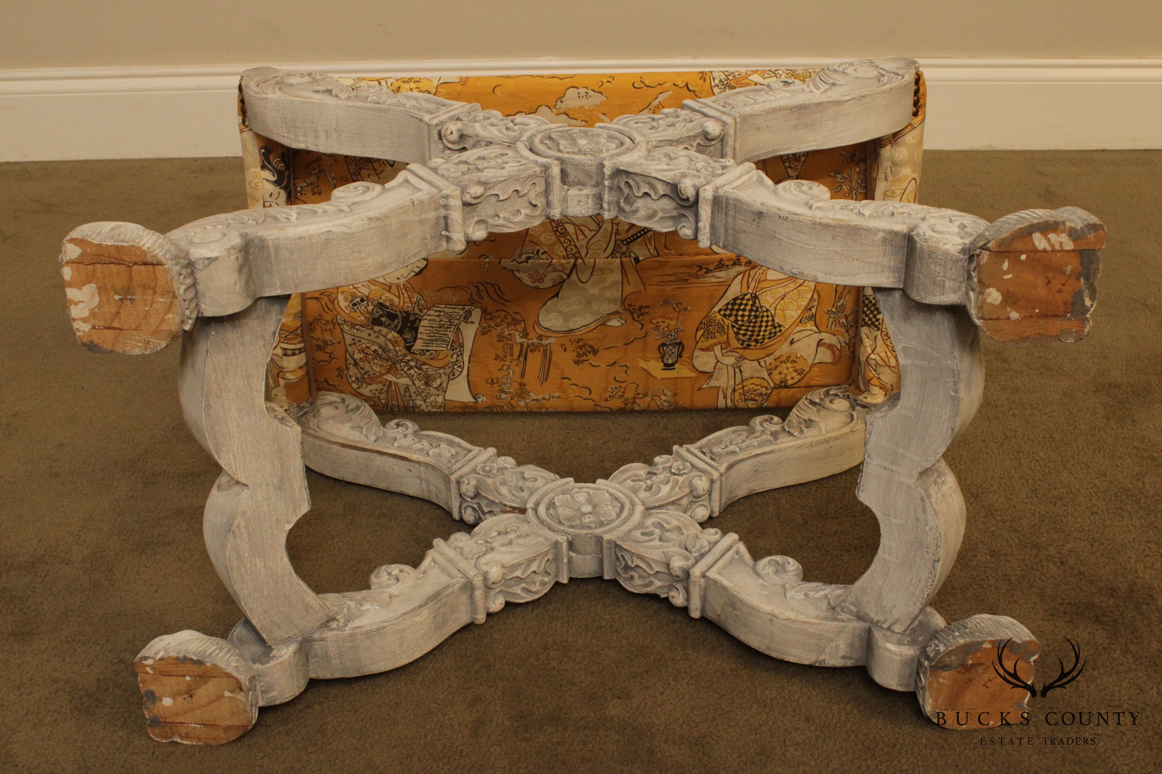 Italian Baroque Style Carved Pair X Base Benches or Stools