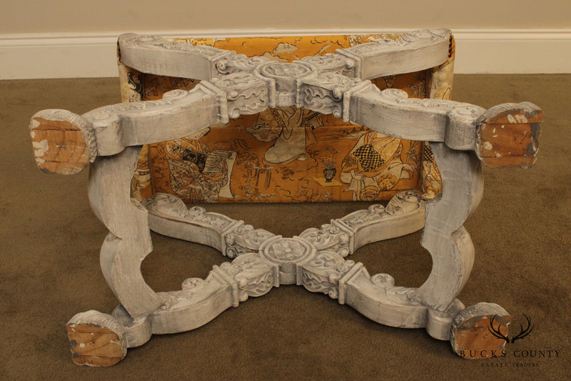 Italian Baroque Style Carved Pair X Base Benches or Stools