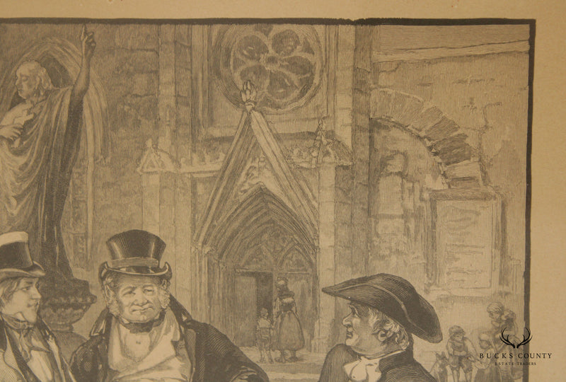 Antique 19th C. Henry Pruett Share Engraving, Gentlemen in Street Scene