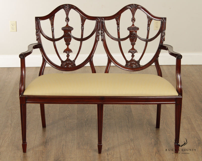 Hepplewhite Style Carved Mahogany Shield Back Loveseat or Settee