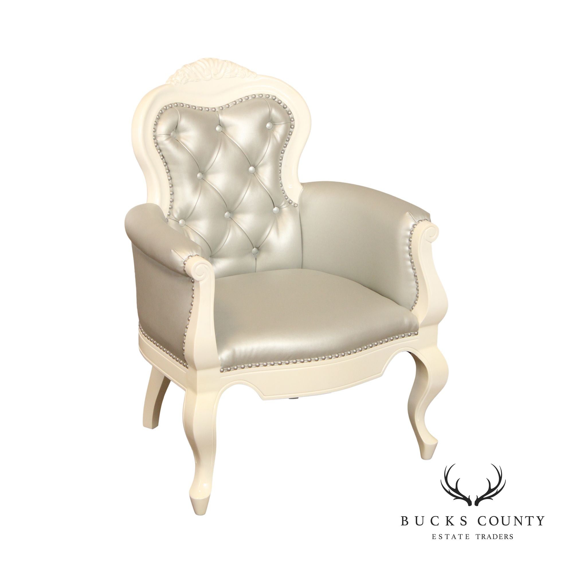 French Rococo Style White Lacquered Tufted Armchair