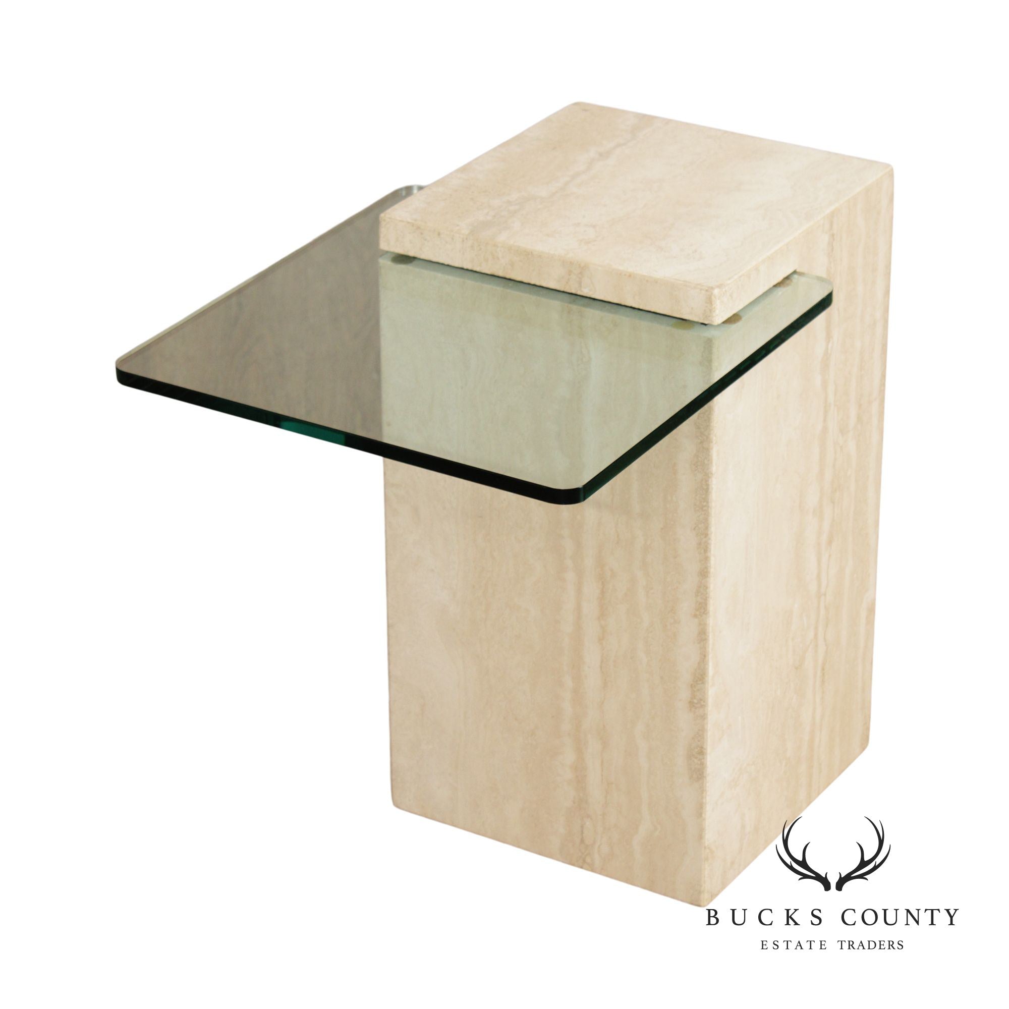 Post Modern Cantilevered Glass and Travertine Side Table