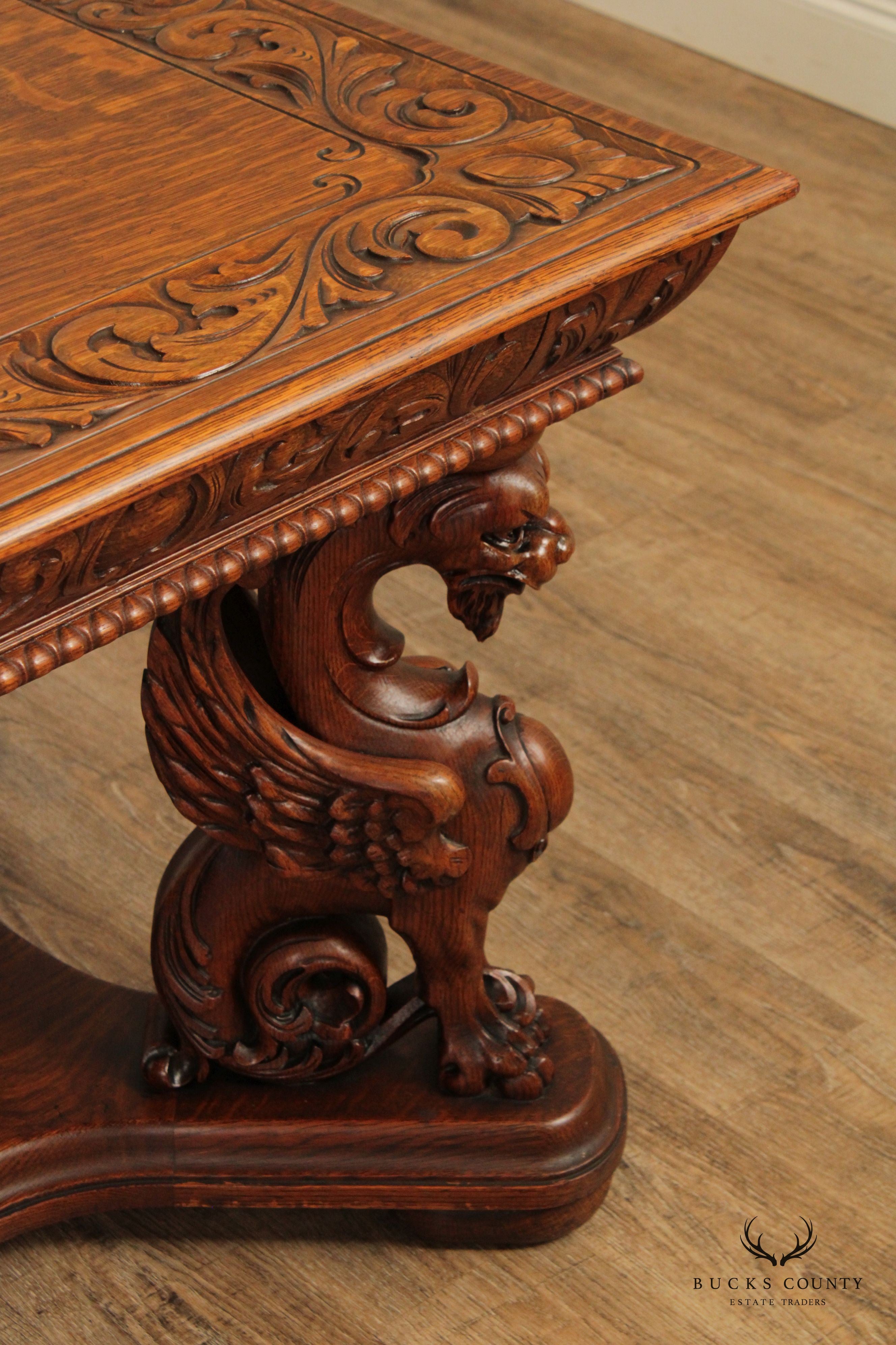 RJ Horner Antique Renaissance Revival Griffin Carved Oak Writing Desk or Library Table