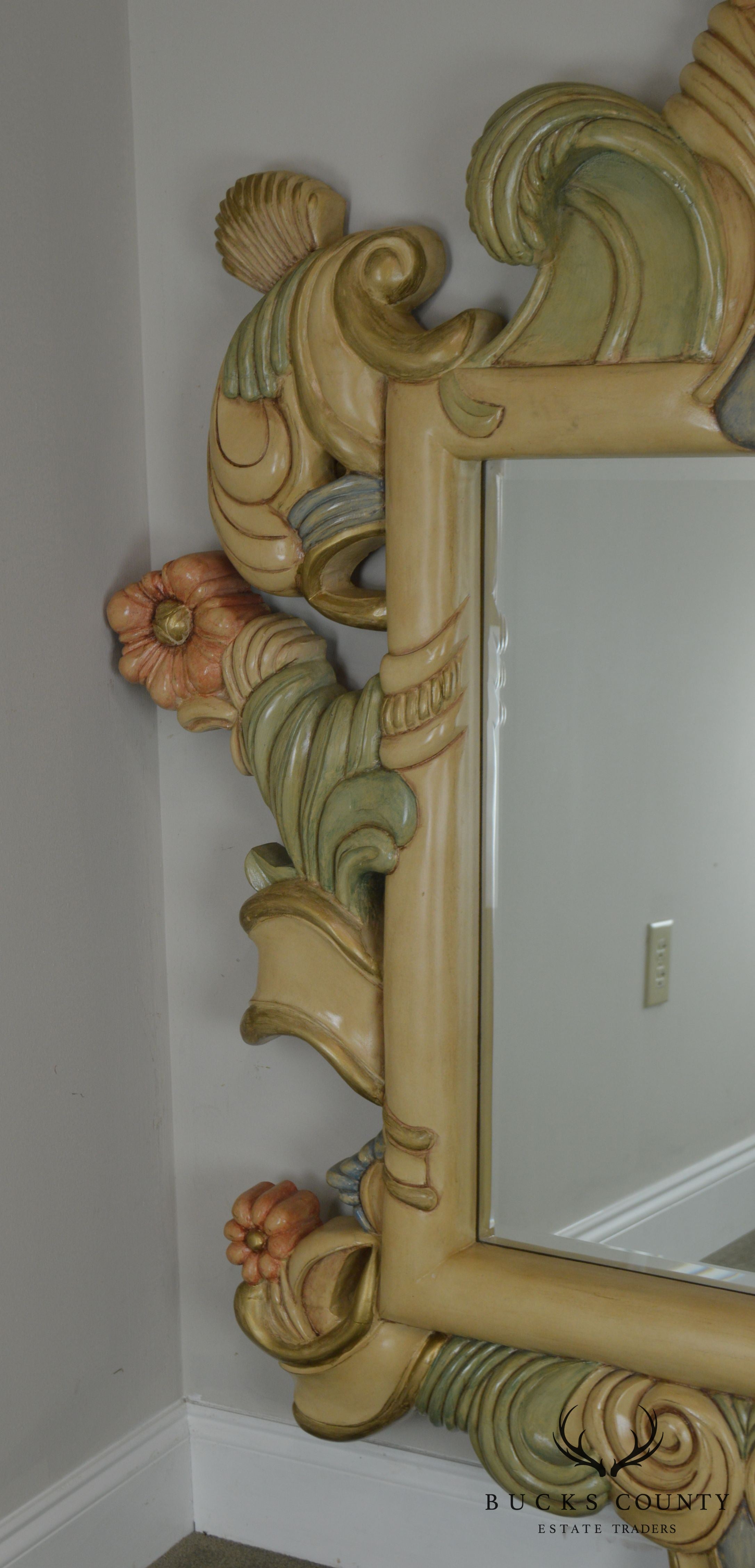 Quality Hand Painted Large Carved Wood Frame Beveled Wall Mirror