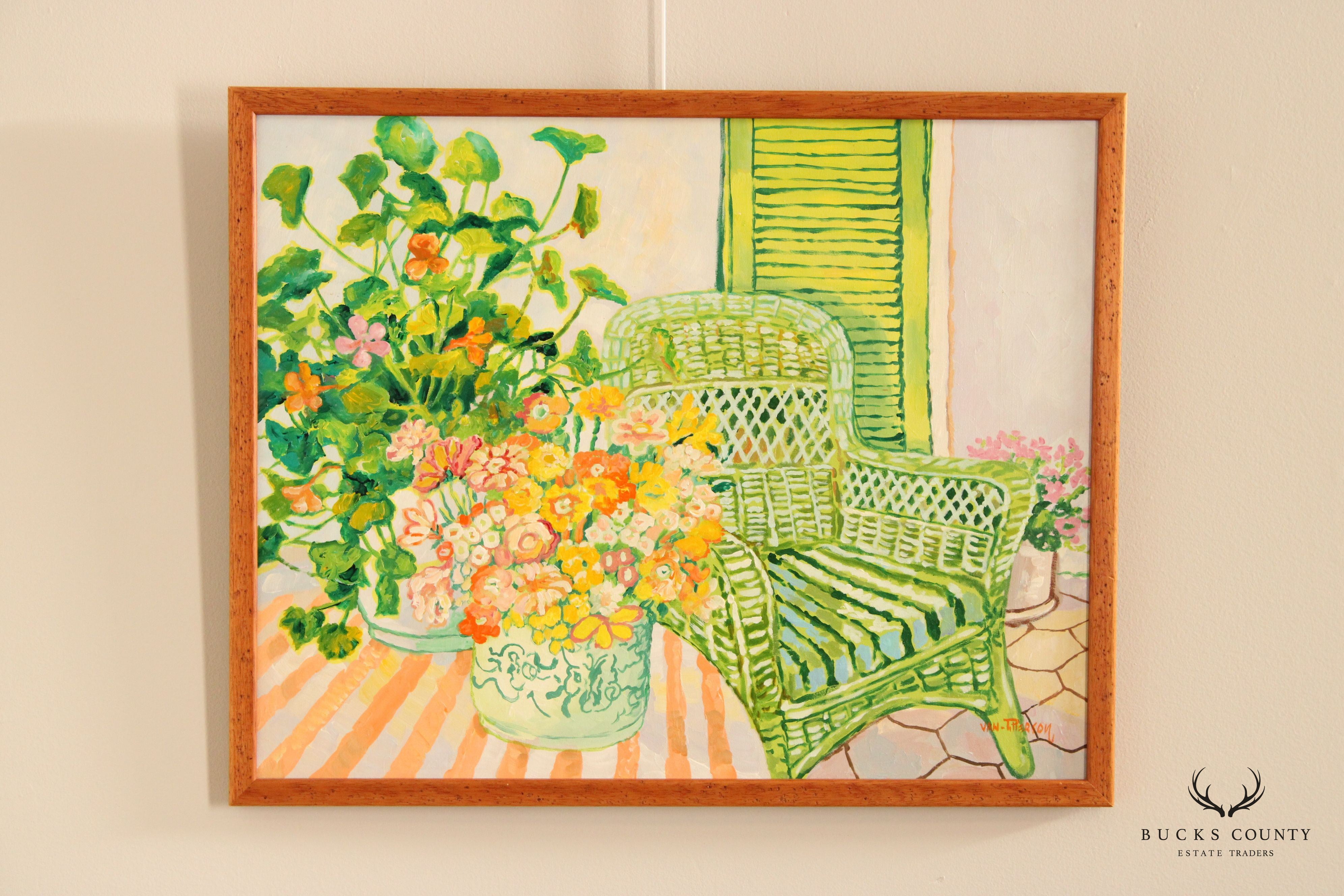 Lloyd Van Pitterson Porch Still Life Original Oil Painting, Custom Framed