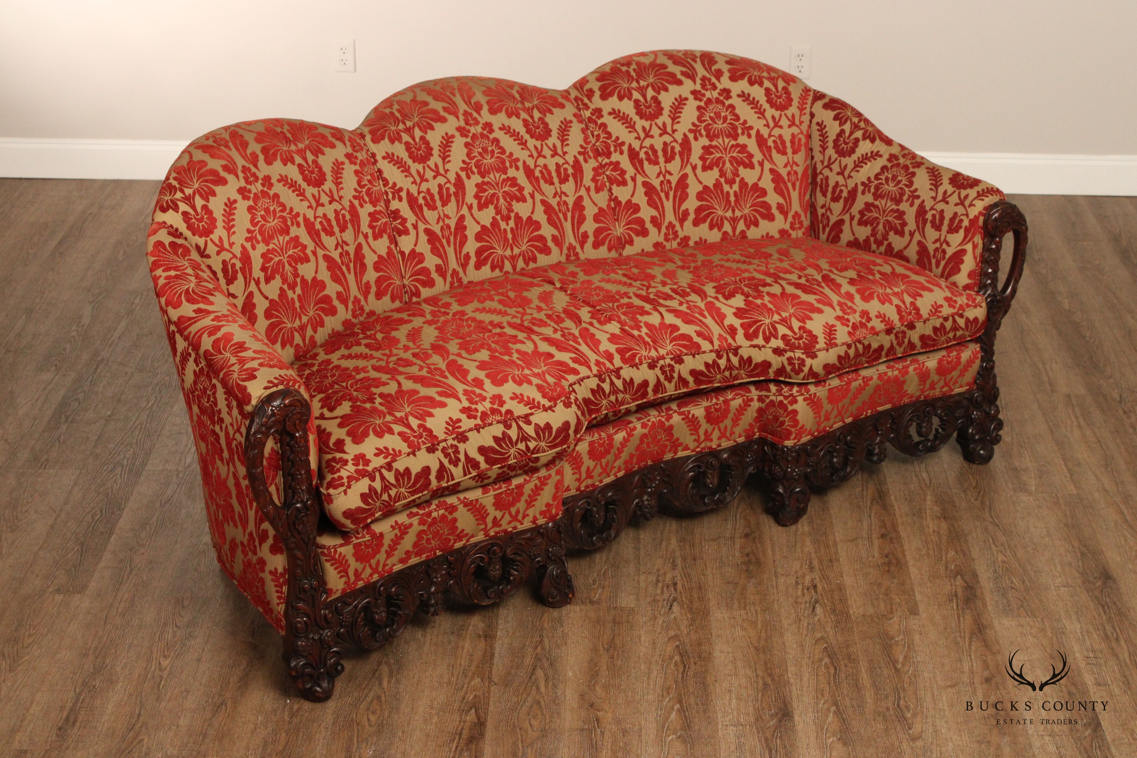 Renaissance Revival Ornate Carved and Custom Upholstered Sofa