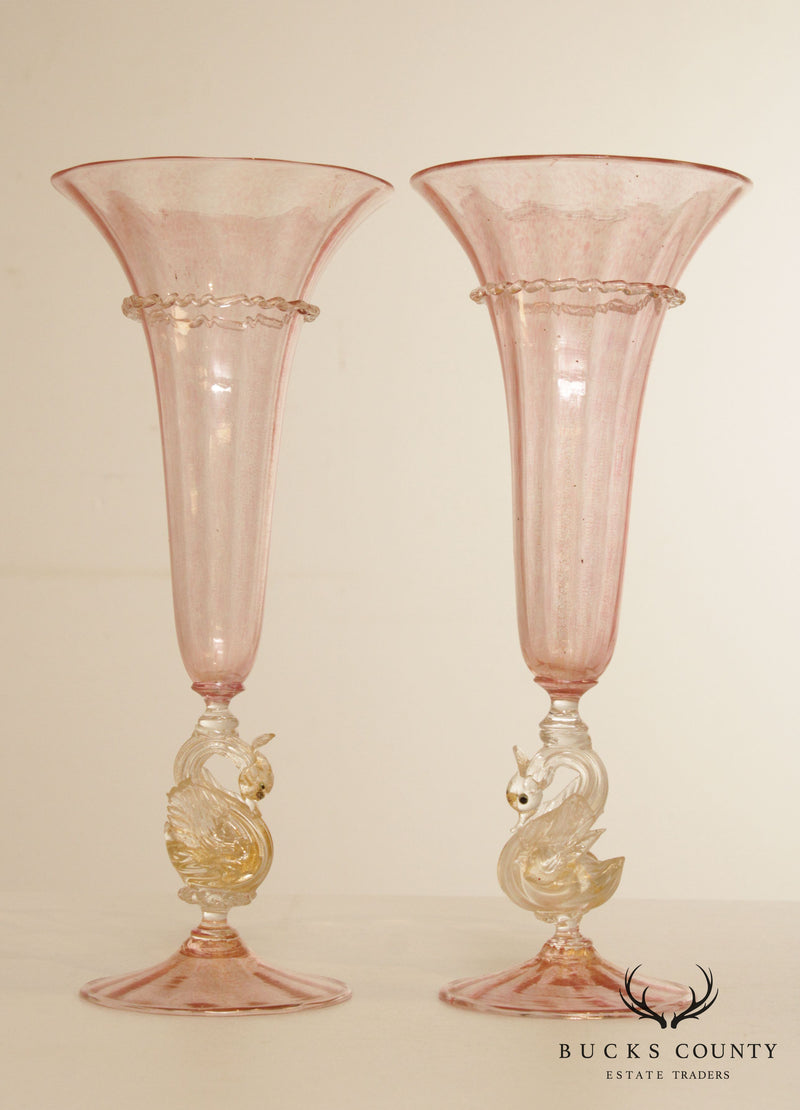 Antique Pair Hand Blown Venetian Salviati Glass Trompet Vases with Swans