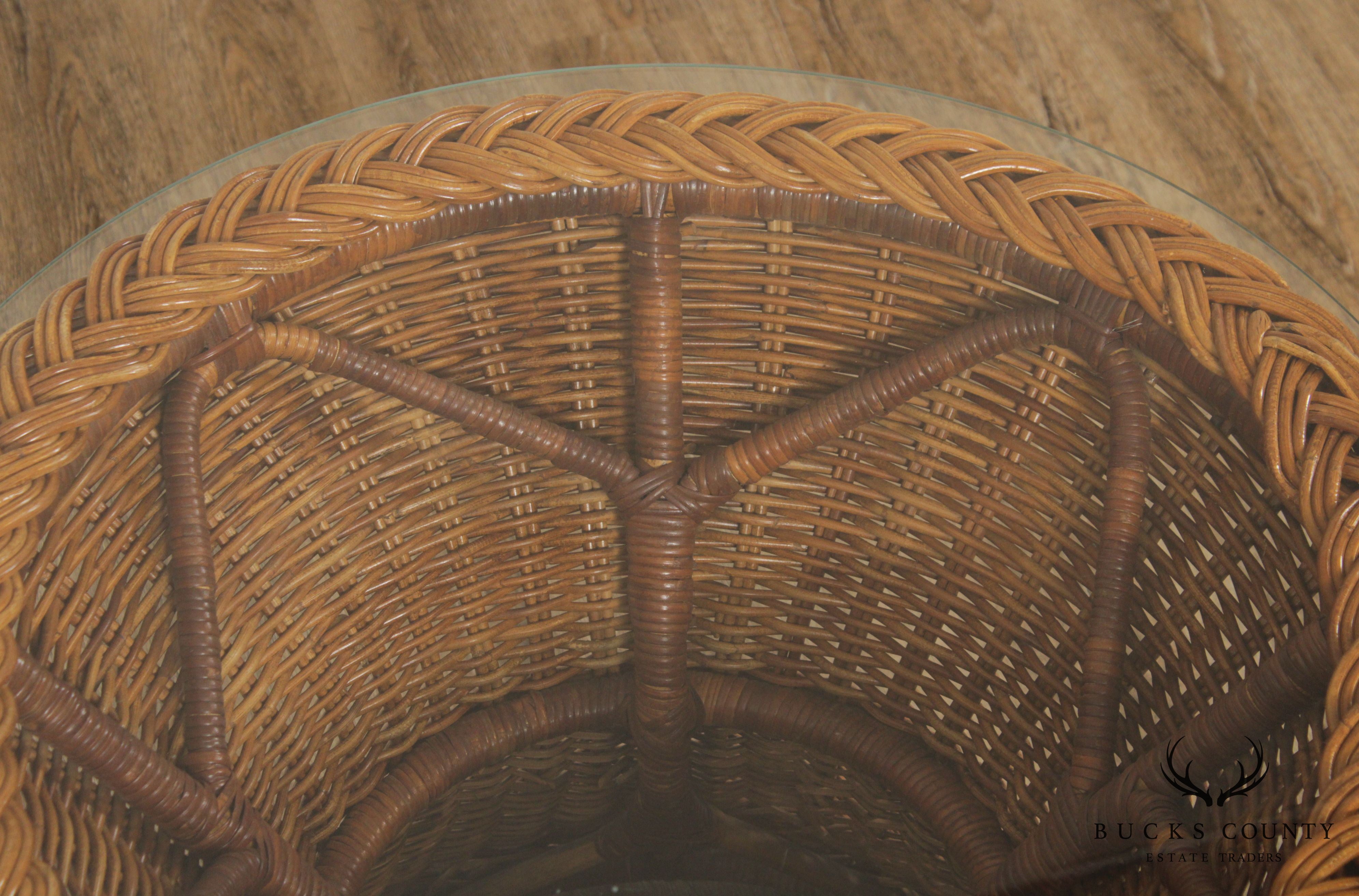 Midcentury Round Glass Top Wicker Side Table