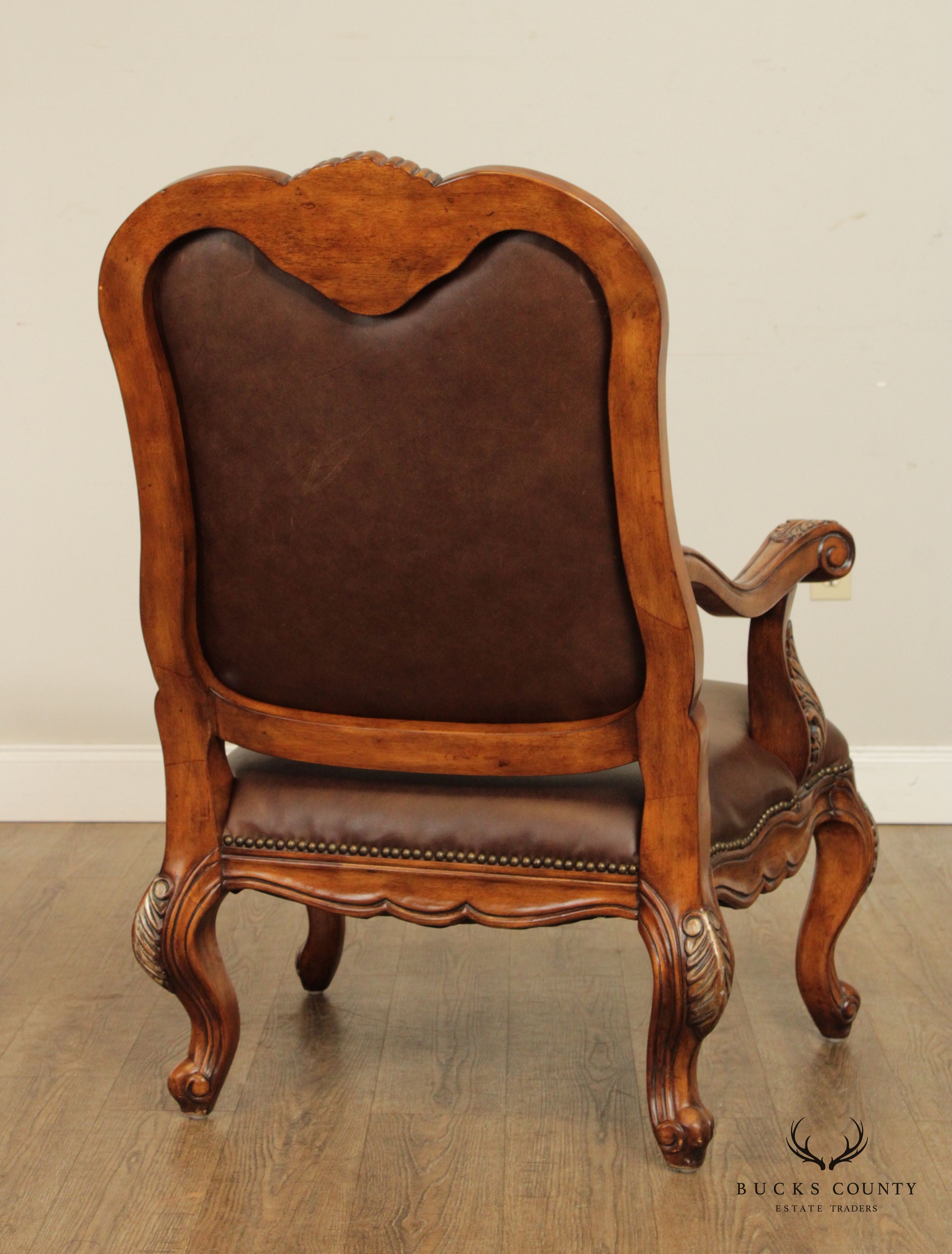 French Provincial Style Pair of Shell-Carved Leather Armchairs and Ottomans