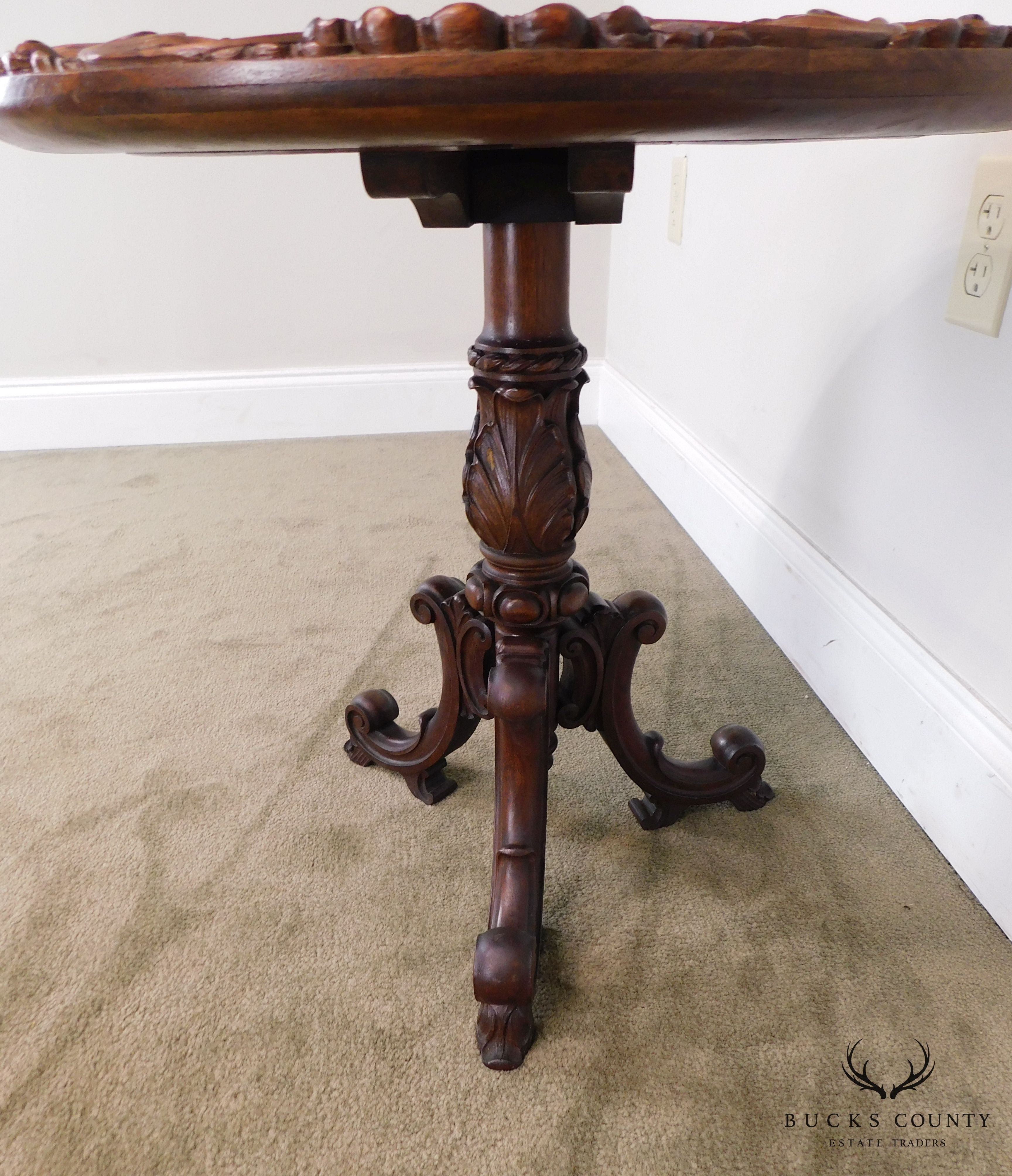 Renaissance Revival Antique Hand Carved Solid Walnut Round Table with Beeded Needlework